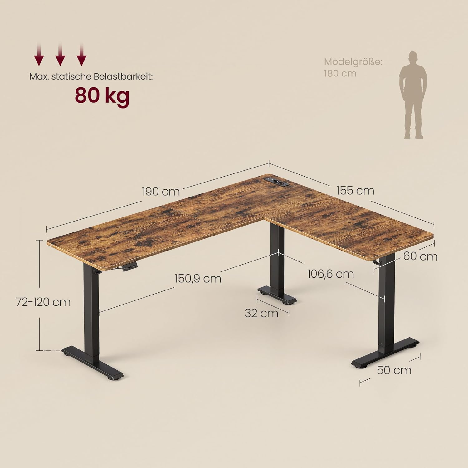 VASAGLE Höhenverstellbarer Schreibtisch, 190 x 155 cm, L-förmig | L-förmiger Eckschreibtisch, Stehtisch, 2 AC-Steckdosen, 2 USB-A-Anschlüsse, LSD295KD01 — Ansicht 3