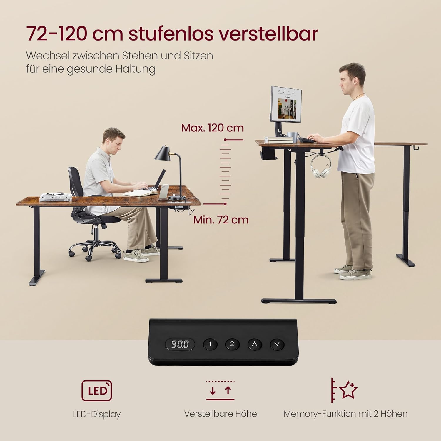 VASAGLE Höhenverstellbarer Schreibtisch, 190 x 155 cm, L-förmig | L-förmiger Eckschreibtisch, Stehtisch, 2 AC-Steckdosen, 2 USB-A-Anschlüsse, LSD295KD01 — Ansicht 4