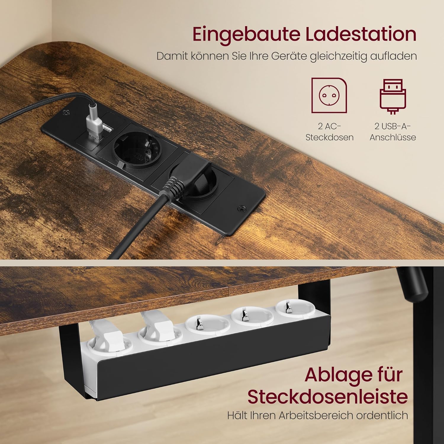 VASAGLE Höhenverstellbarer Schreibtisch, 190 x 155 cm, L-förmig | L-förmiger Eckschreibtisch, Stehtisch, 2 AC-Steckdosen, 2 USB-A-Anschlüsse, LSD295KD01 — Ansicht 6