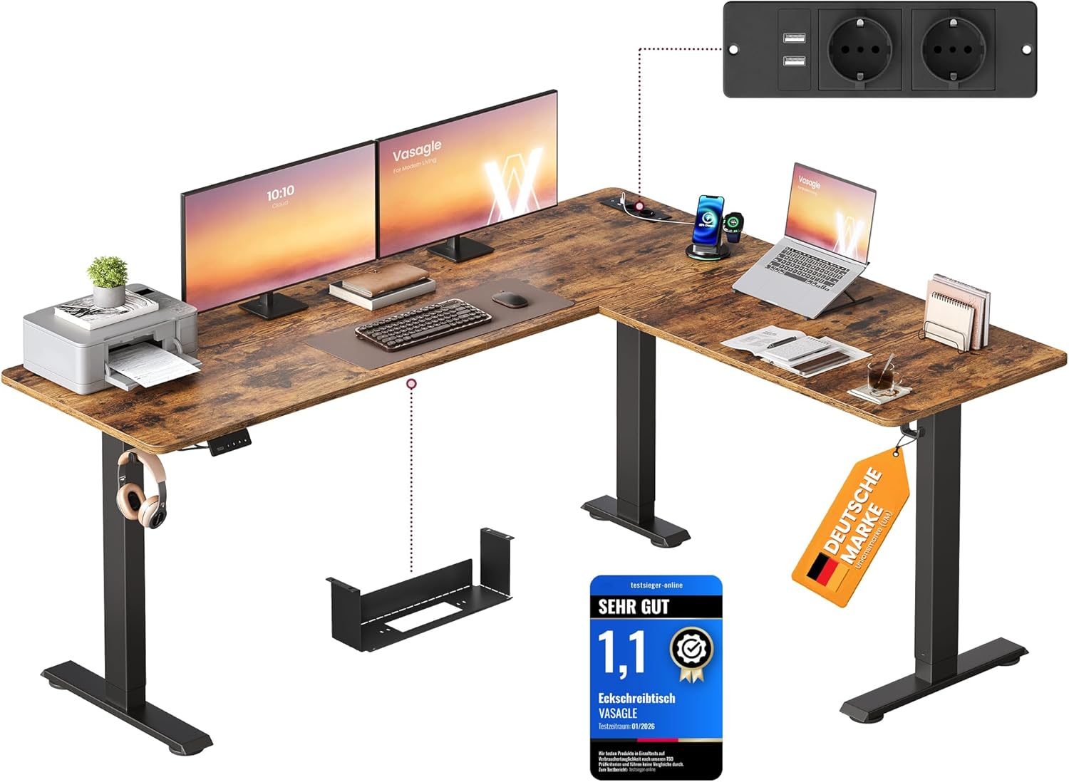 VASAGLE Höhenverstellbarer Schreibtisch, 190 x 155 cm, L-förmig | L-förmiger Eckschreibtisch, Stehtisch, 2 AC-Steckdosen, 2 USB-A-Anschlüsse, LSD295KD01