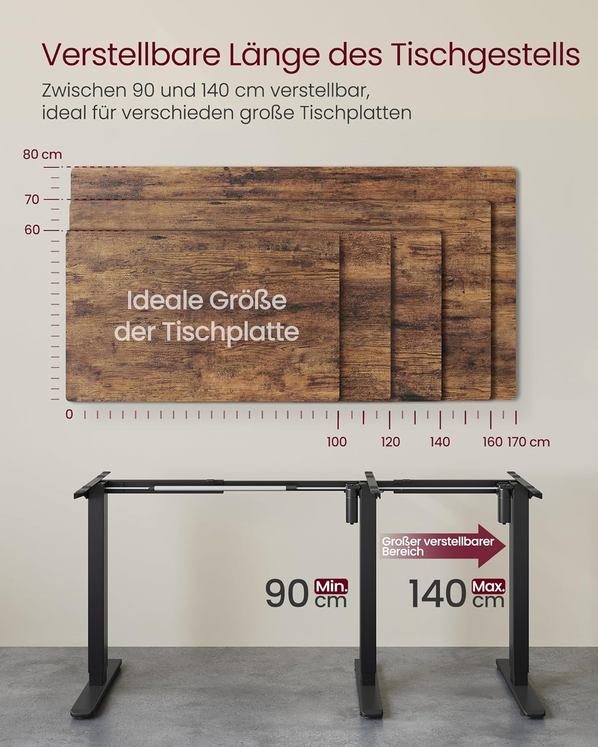 VASAGLE Höhenverstellbarer Schreibtisch elektrisch, Tischgestell, Schreibtischständer, ohne Tischplatte, mit 2 Haken, Memory-Funktion mit 3 Höhen, Stahl, tintenschwarz LSD021B01V2 — Ansicht 2
