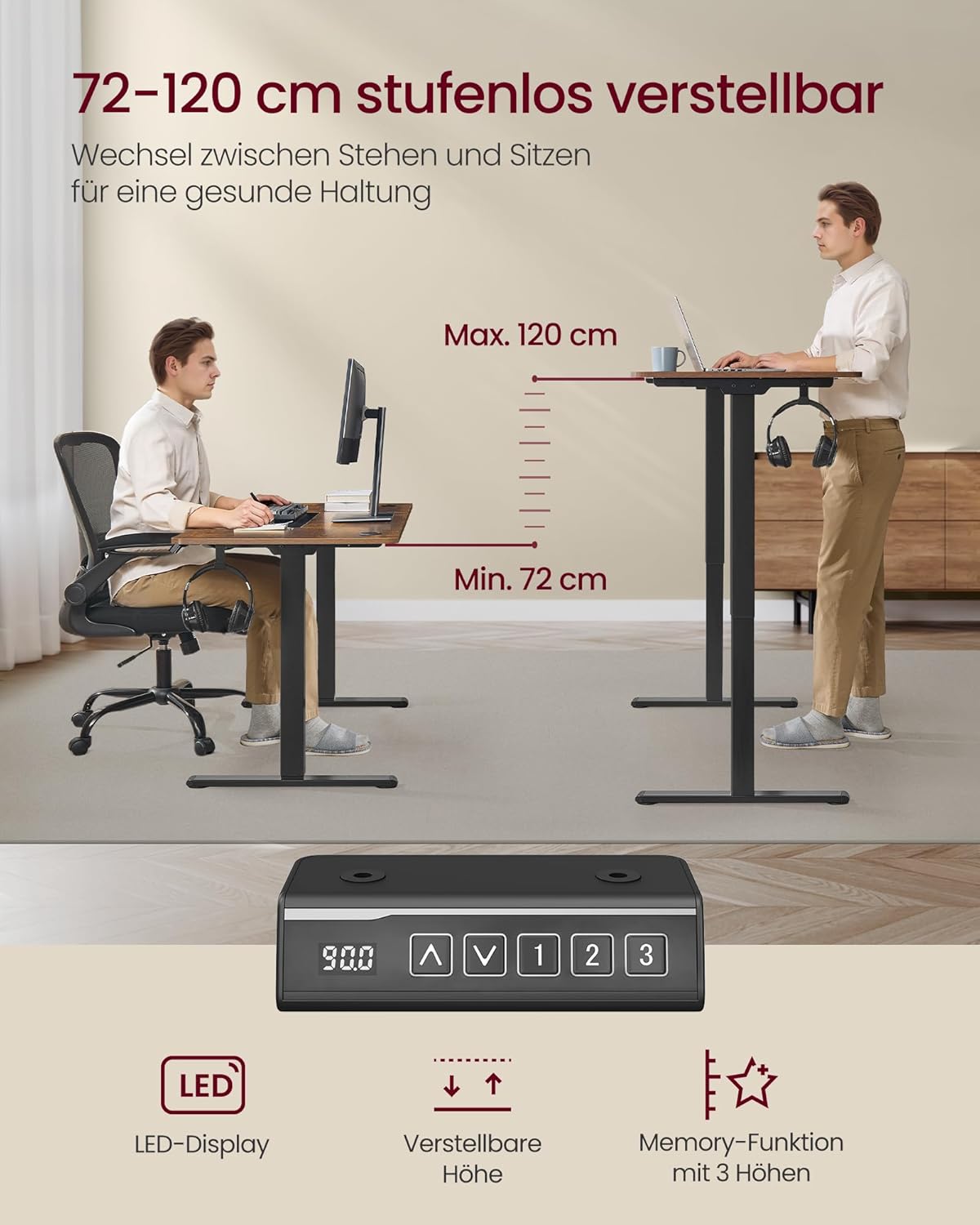 VASAGLE Höhenverstellbarer Schreibtisch elektrisch, Tischgestell, Schreibtischständer, ohne Tischplatte, mit 2 Haken, Memory-Funktion mit 3 Höhen, Stahl, tintenschwarz LSD021B01V2 — Ansicht 4