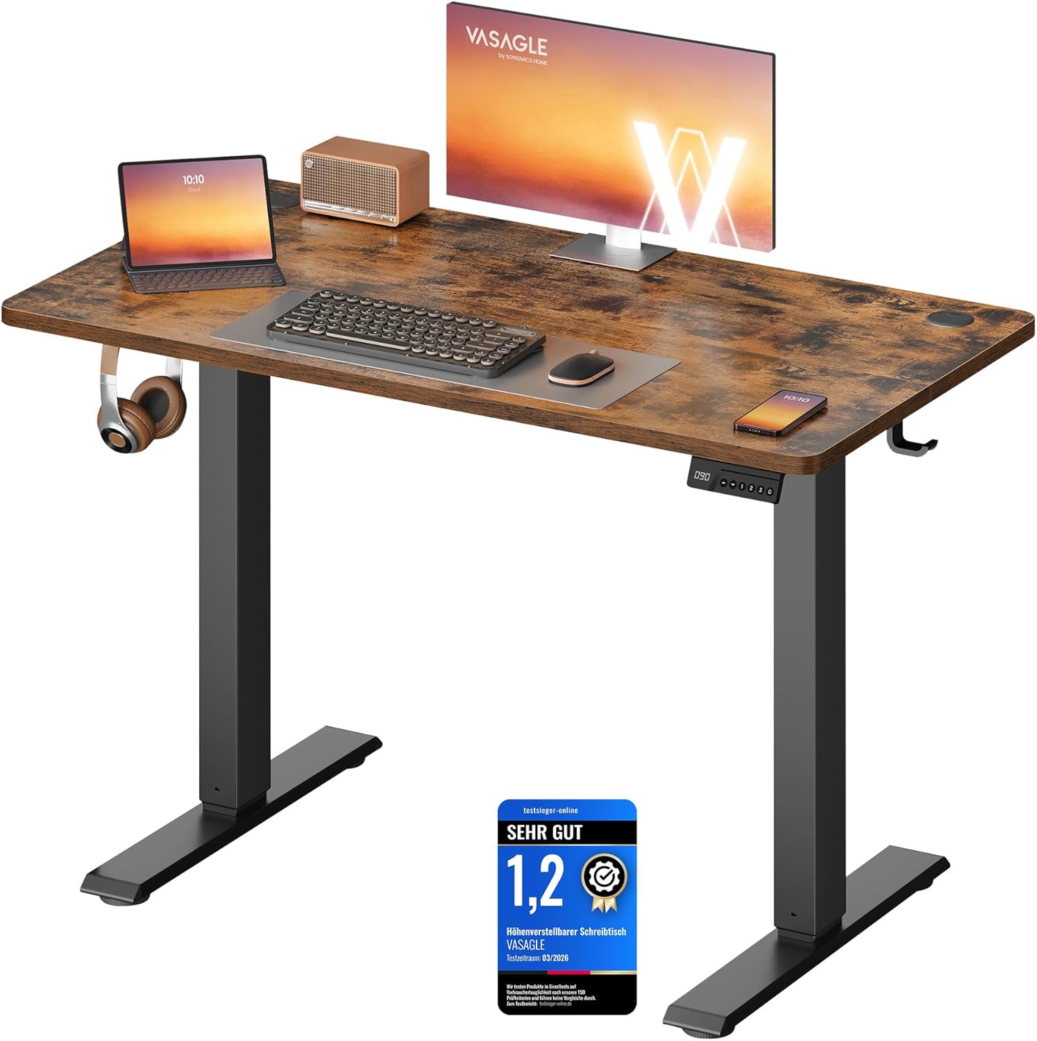 VASAGLE Höhenverstellbarer Schreibtisch, Stehtisch, Computertisch, Erinnerung bei langem Sitzen, Memory-Funktion mit 4 Höhen, für Büro, 100 x 60 cm, vintagebraun LSD310KD03