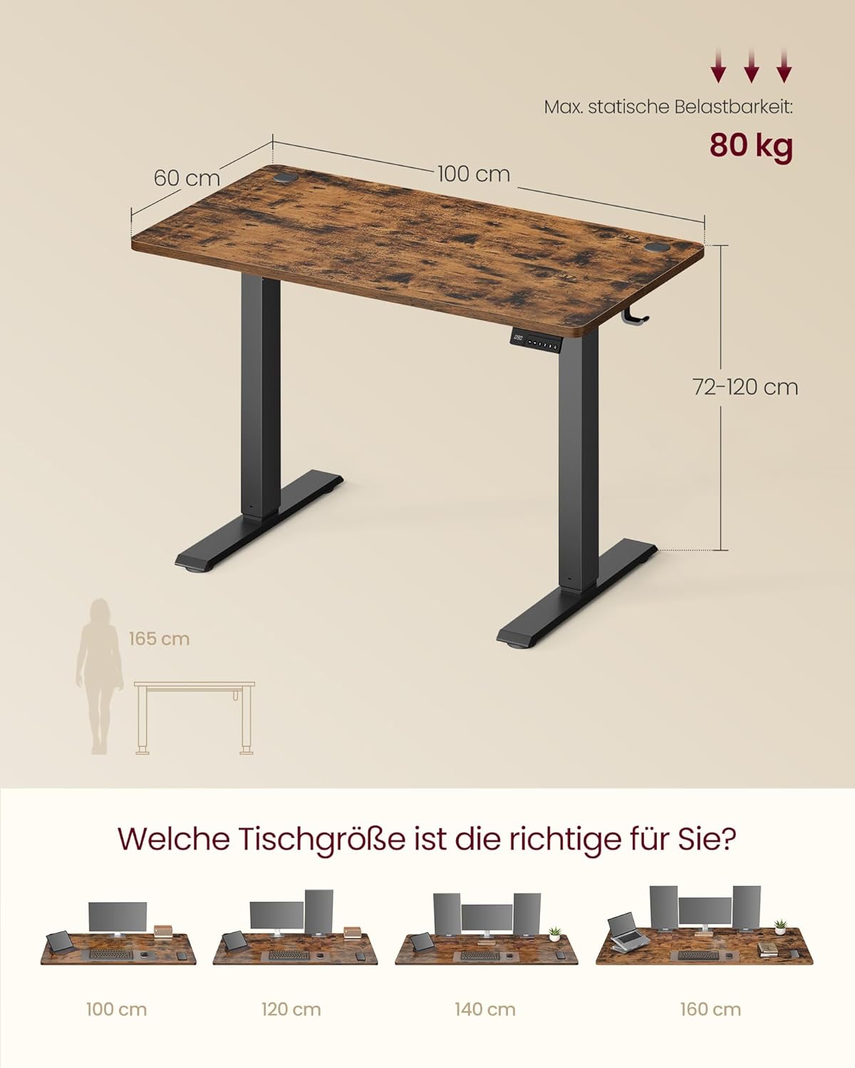 VASAGLE Höhenverstellbarer Schreibtisch, Stehtisch, Computertisch, Erinnerung bei langem Sitzen, Memory-Funktion mit 4 Höhen, für Büro, 100 x 60 cm, vintagebraun LSD310KD03 — Ansicht 3
