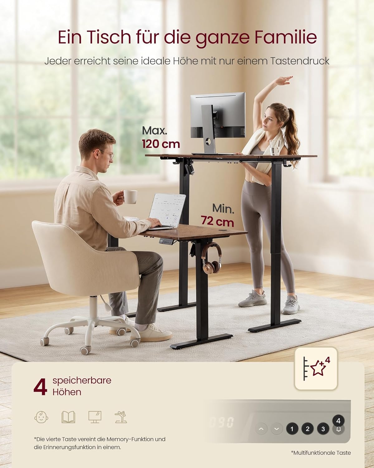 VASAGLE Höhenverstellbarer Schreibtisch, Stehtisch, Computertisch, Erinnerung bei langem Sitzen, Memory-Funktion mit 4 Höhen, für Büro, 100 x 60 cm, vintagebraun LSD310KD03 — Ansicht 4