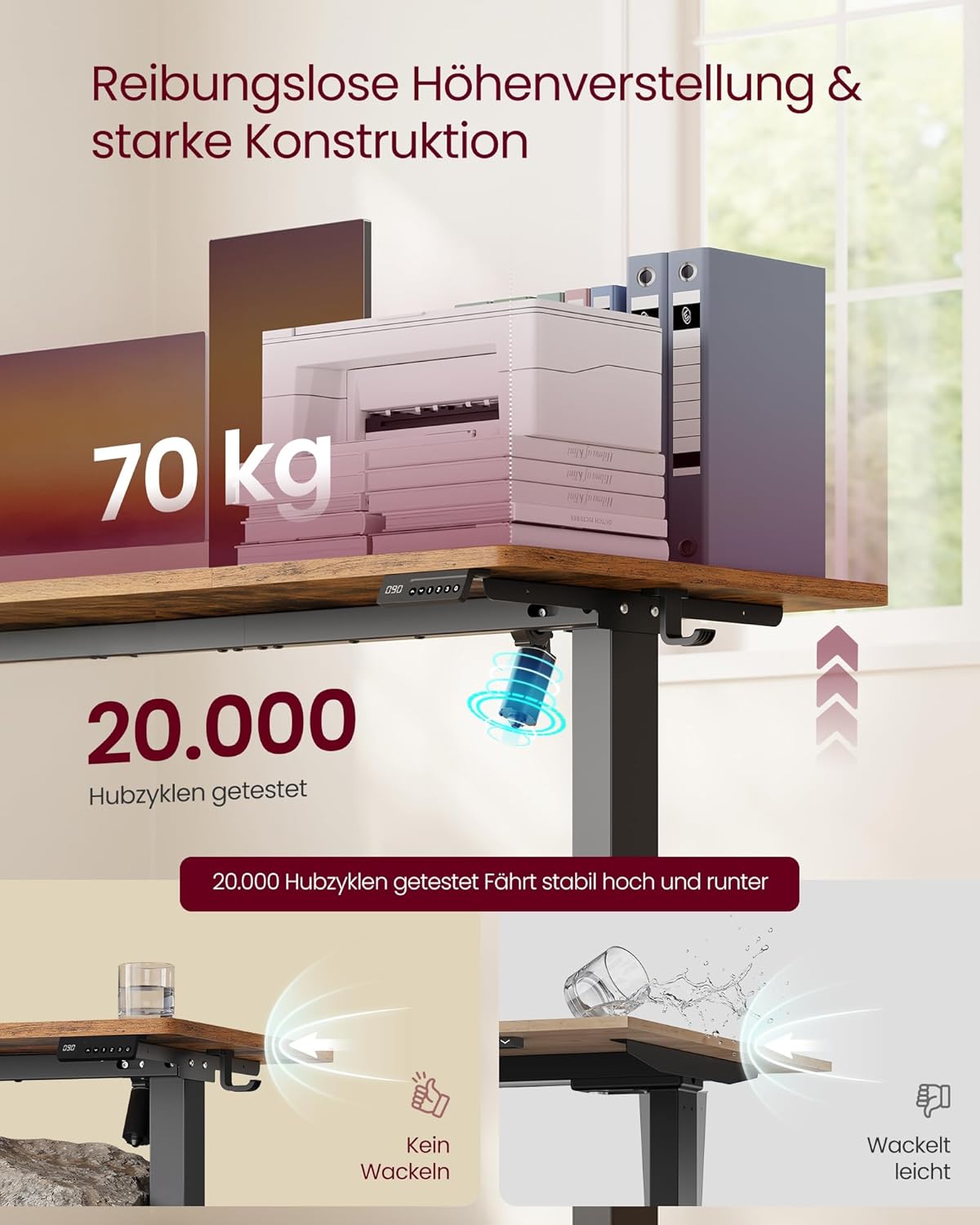 VASAGLE Höhenverstellbarer Schreibtisch, Stehtisch, Computertisch, Erinnerung bei langem Sitzen, Memory-Funktion mit 4 Höhen, für Büro, 100 x 60 cm, vintagebraun LSD310KD03 — Ansicht 5