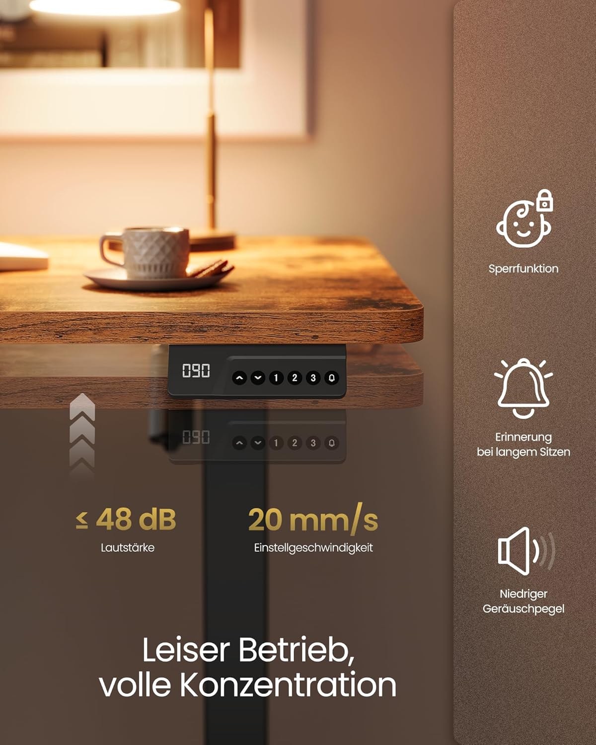 VASAGLE Höhenverstellbarer Schreibtisch, Stehtisch, Computertisch, Erinnerung bei langem Sitzen, Memory-Funktion mit 4 Höhen, für Büro, 100 x 60 cm, vintagebraun LSD310KD03 — Ansicht 6