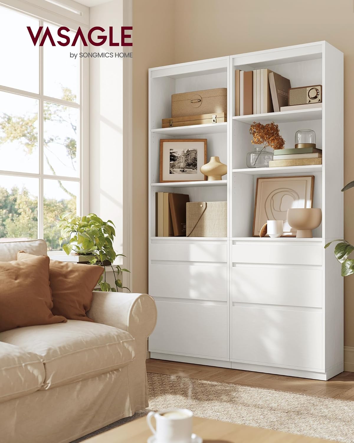 VASAGLE Kailyn Kollektion - Bücherregal, Hochschrank, 3 unterschiedlich große Schubladen, verstellbare Ablagen, Wohnzimmer Schlafzimmer Arbeitszimmer, modern, platzsparend, schneeweiß LBC188W01 — Ansicht 2