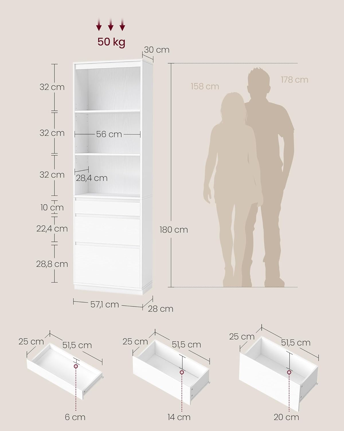 VASAGLE Kailyn Kollektion - Bücherregal, Hochschrank, 3 unterschiedlich große Schubladen, verstellbare Ablagen, Wohnzimmer Schlafzimmer Arbeitszimmer, modern, platzsparend, schneeweiß LBC188W01 — Ansicht 3