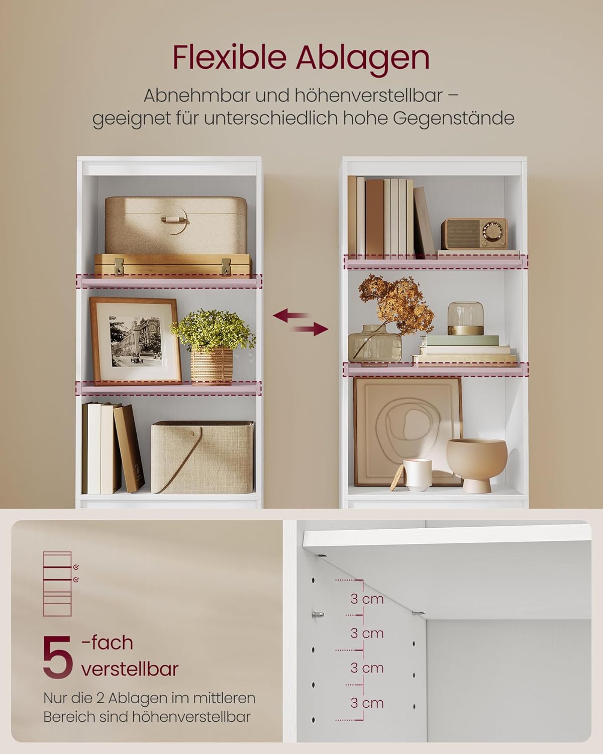 VASAGLE Kailyn Kollektion - Bücherregal, Hochschrank, 3 unterschiedlich große Schubladen, verstellbare Ablagen, Wohnzimmer Schlafzimmer Arbeitszimmer, modern, platzsparend, schneeweiß LBC188W01 — Ansicht 4