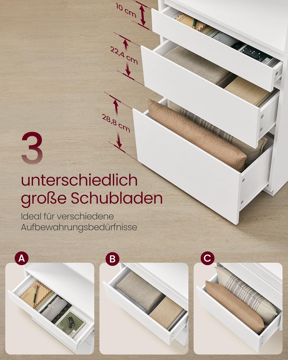 VASAGLE Kailyn Kollektion - Bücherregal, Hochschrank, 3 unterschiedlich große Schubladen, verstellbare Ablagen, Wohnzimmer Schlafzimmer Arbeitszimmer, modern, platzsparend, schneeweiß LBC188W01 — Ansicht 5