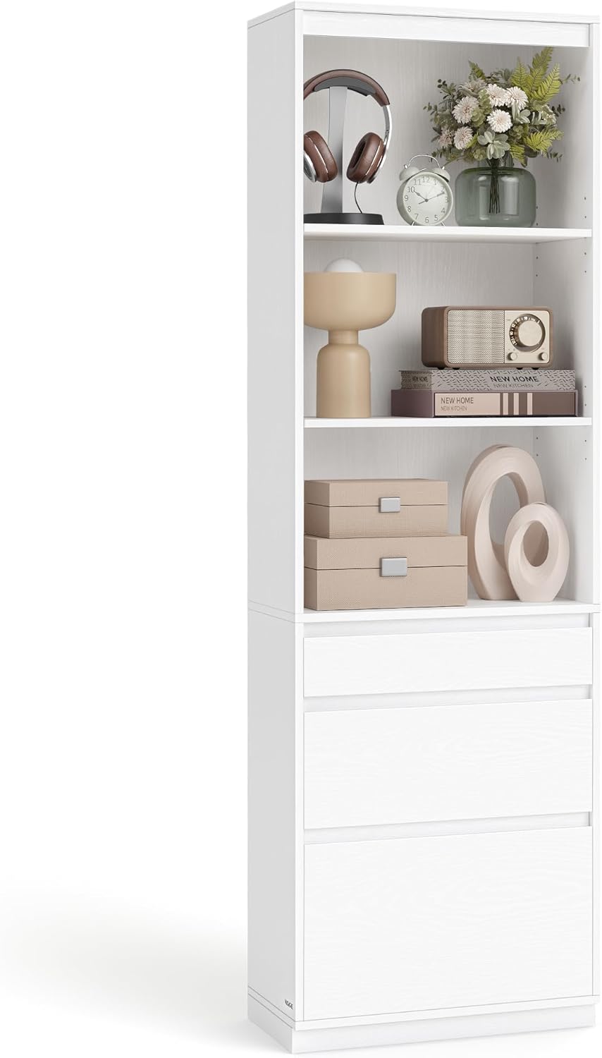 VASAGLE Kailyn Kollektion - Bücherregal, Hochschrank, 3 unterschiedlich große Schubladen, verstellbare Ablagen, Wohnzimmer Schlafzimmer Arbeitszimmer, modern, platzsparend, schneeweiß LBC188W01