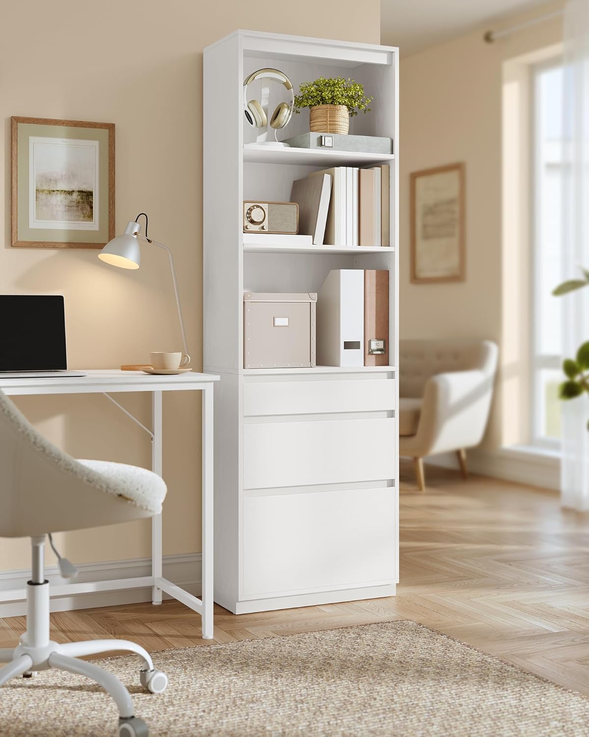 VASAGLE Kailyn Kollektion - Bücherregal, Hochschrank, 3 unterschiedlich große Schubladen, verstellbare Ablagen, Wohnzimmer Schlafzimmer Arbeitszimmer, modern, platzsparend, schneeweiß LBC188W01 — Ansicht 6