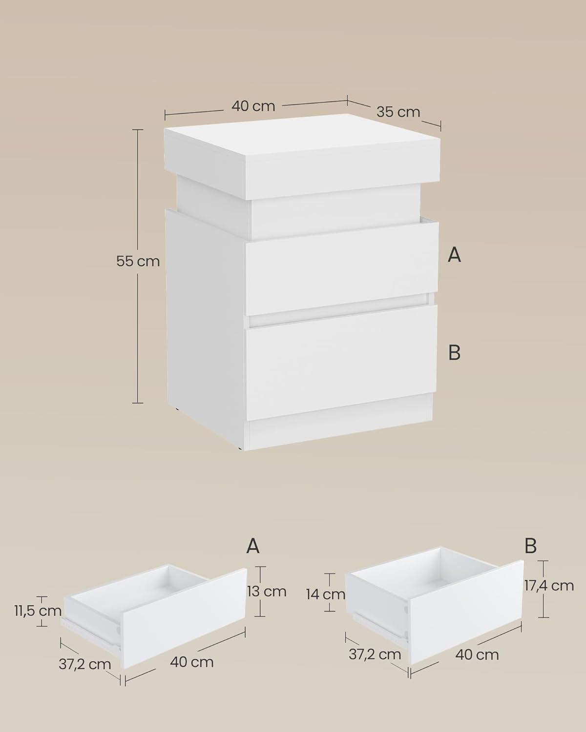 VASAGLE Kailyn Kollektion - Nachttisch, 2er Set, Beistelltisch mit Steckdosen, Schiebedeckel, 2 Schubladen, LED-Beleuchtung, Kleiner Tisch, modern, 35 x 40 x 55 cm, schneeweiß LET840WB01 — Ansicht 2