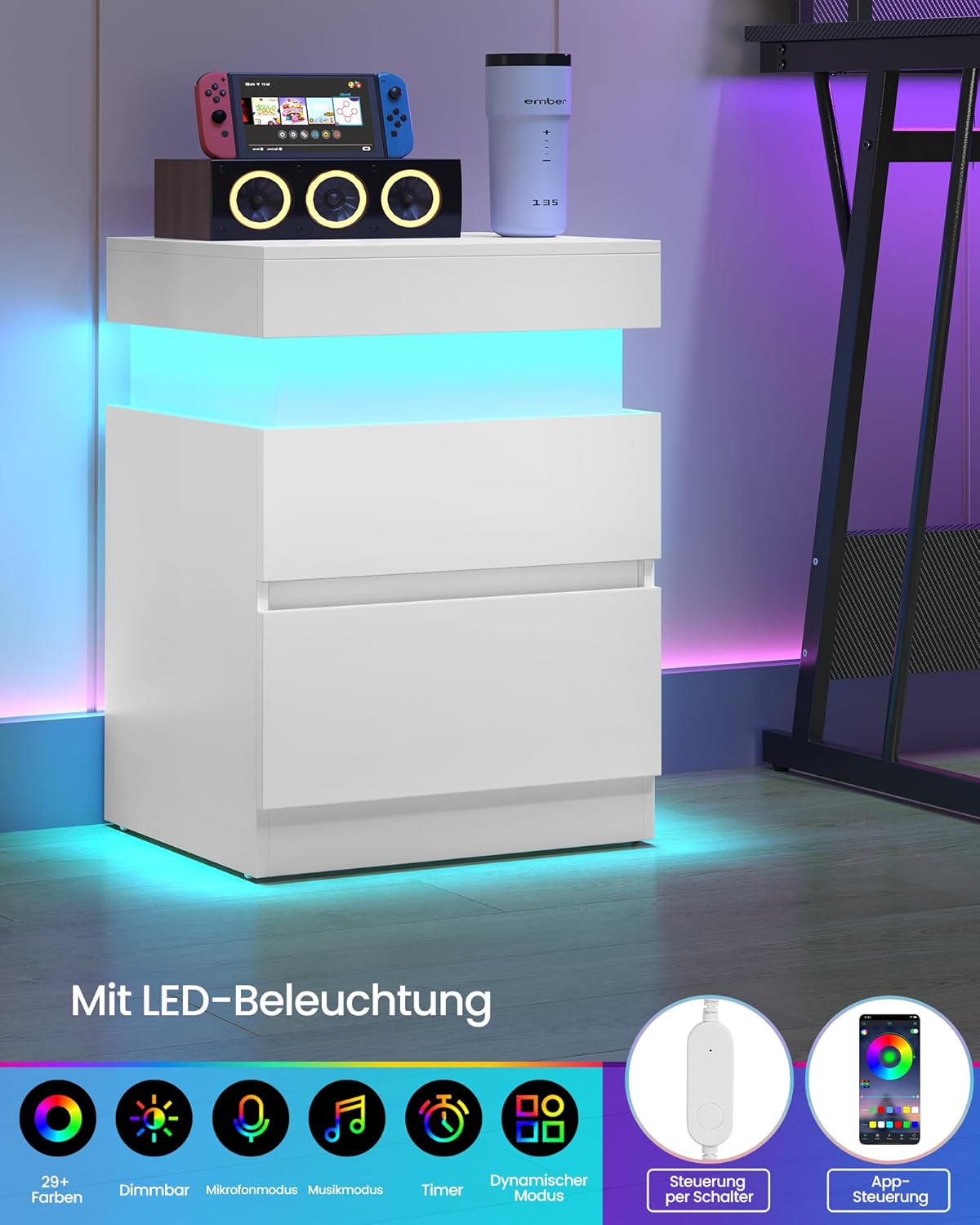 VASAGLE Kailyn Kollektion - Nachttisch, 2er Set, Beistelltisch mit Steckdosen, Schiebedeckel, 2 Schubladen, LED-Beleuchtung, Kleiner Tisch, modern, 35 x 40 x 55 cm, schneeweiß LET840WB01 — Ansicht 5