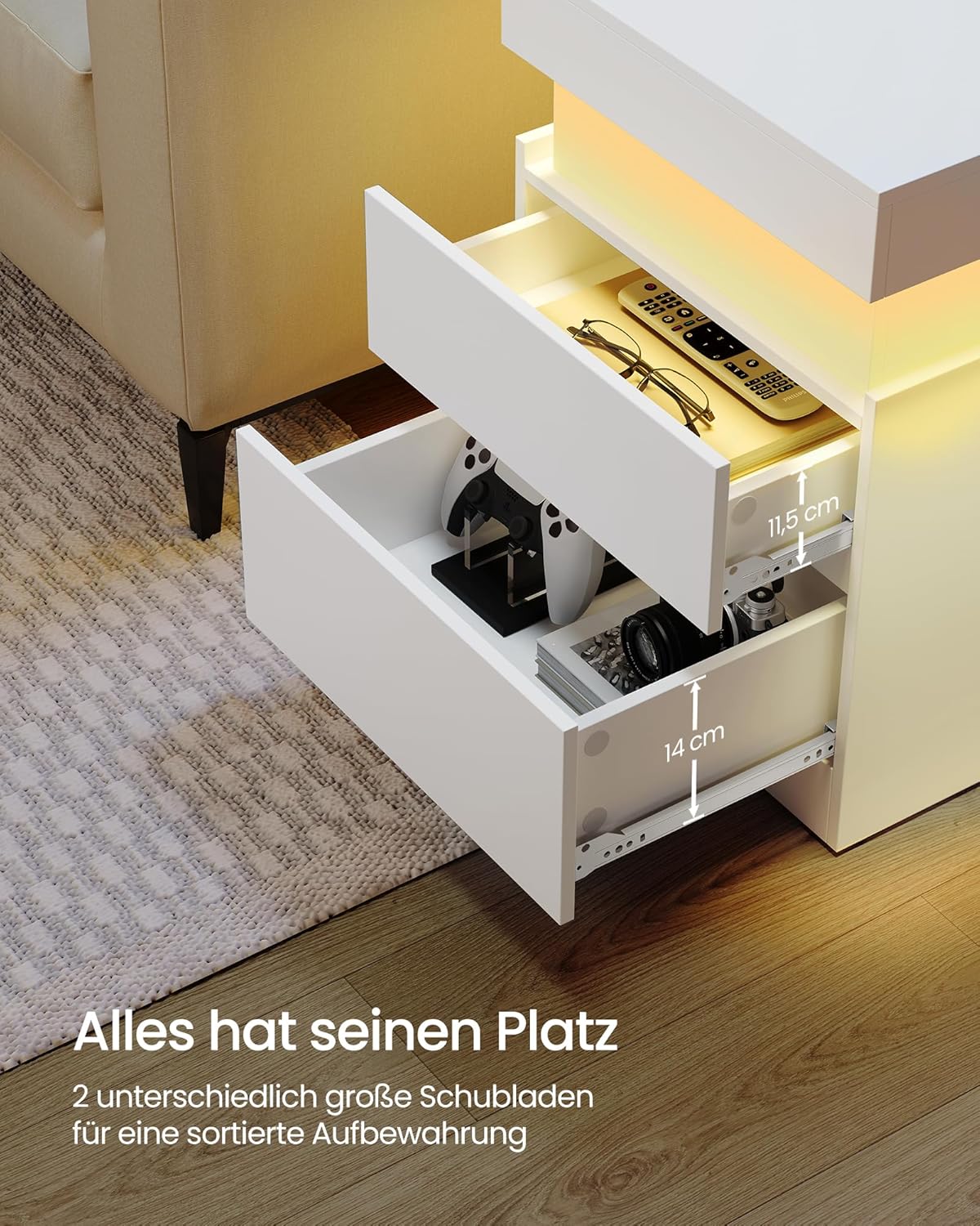 VASAGLE Kailyn Kollektion - Nachttisch, 2er Set, Beistelltisch mit Steckdosen, Schiebedeckel, 2 Schubladen, LED-Beleuchtung, Kleiner Tisch, modern, 35 x 40 x 55 cm, schneeweiß LET840WB01 — Ansicht 6