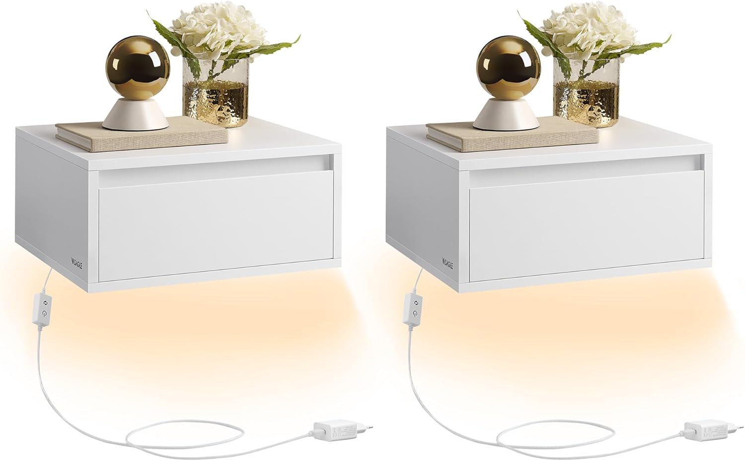 VASAGLE Kailyn Kollektion - Nachttisch hängend 2er Set, Leuchte mit 3 Farben, schwebendes Wandregal, Schublade, 35 x 40 x 18 cm, modern, Wohnzimmer Schlafzimmer, wolkenweiß LET854W01
