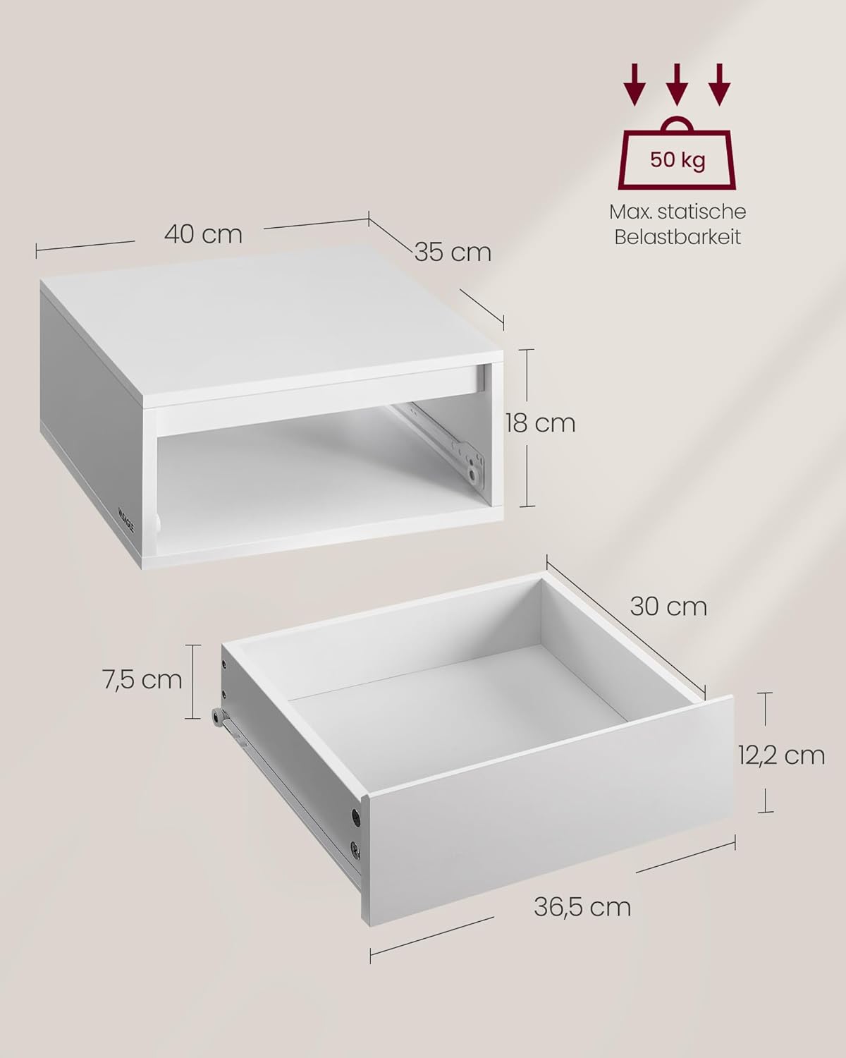 VASAGLE Kailyn Kollektion - Nachttisch hängend 2er Set, Leuchte mit 3 Farben, schwebendes Wandregal, Schublade, 35 x 40 x 18 cm, modern, Wohnzimmer Schlafzimmer, wolkenweiß LET854W01 — Ansicht 3