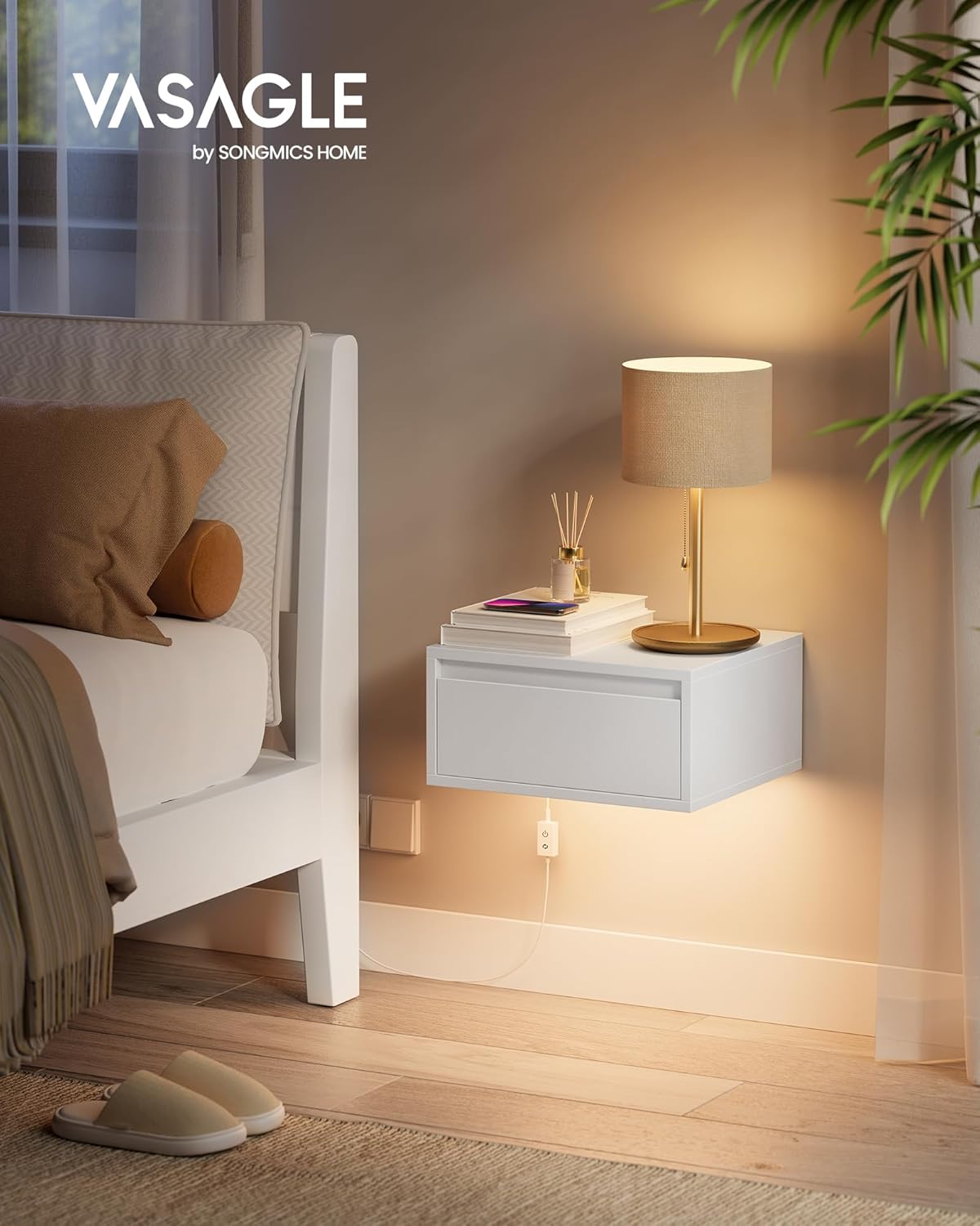 VASAGLE Kailyn Kollektion - Nachttisch hängend 2er Set, Leuchte mit 3 Farben, schwebendes Wandregal, Schublade, 35 x 40 x 18 cm, modern, Wohnzimmer Schlafzimmer, wolkenweiß LET854W01 — Ansicht 4