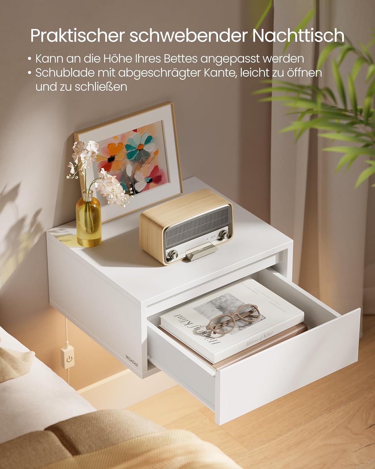 VASAGLE Kailyn Kollektion - Nachttisch hängend 2er Set, Leuchte mit 3 Farben, schwebendes Wandregal, Schublade, 35 x 40 x 18 cm, modern, Wohnzimmer Schlafzimmer, wolkenweiß LET854W01 — Ansicht 5