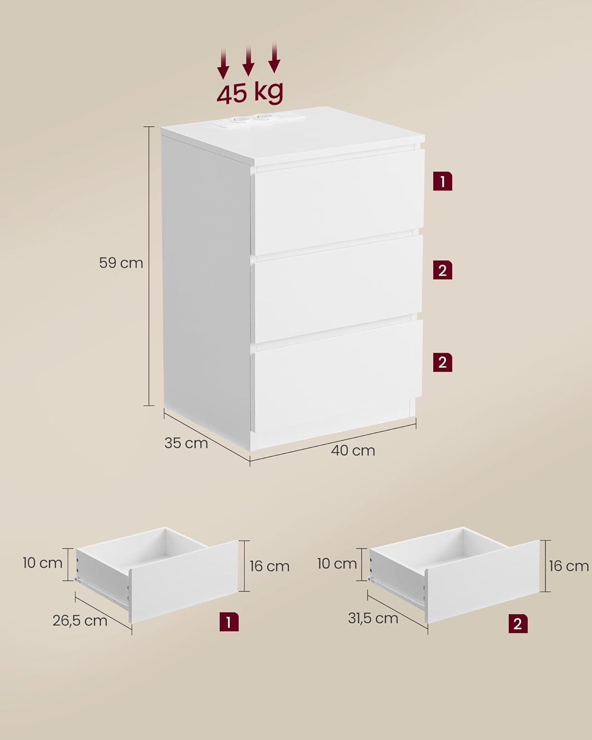 VASAGLE Kailyn Kollektion - Nachttisch mit Steckdosenleiste, 2er Set, Beistelltisch, 3 Schubladen, 2 AC-Steckdosen, 2 USB-A-Anschlüsse, modern, wolkenweiß LET831W14 — Ansicht 2