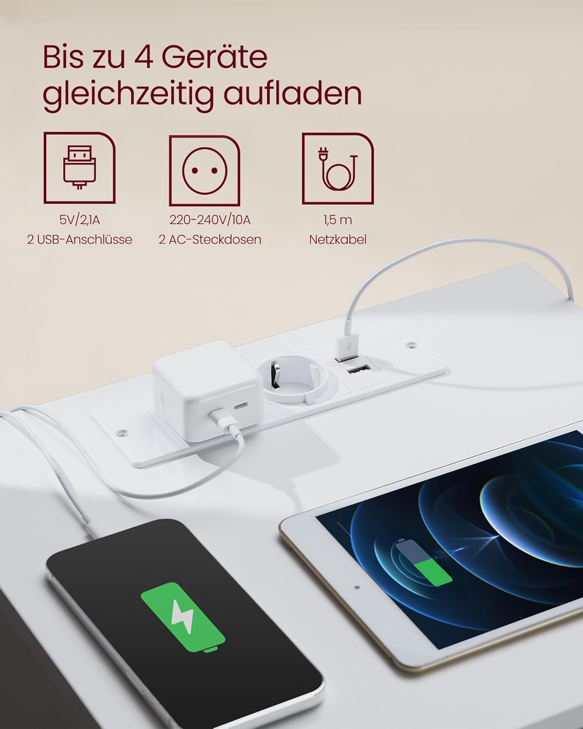 VASAGLE Kailyn Kollektion - Nachttisch mit Steckdosenleiste, 2er Set, Beistelltisch, 3 Schubladen, 2 AC-Steckdosen, 2 USB-A-Anschlüsse, modern, wolkenweiß LET831W14 — Ansicht 4