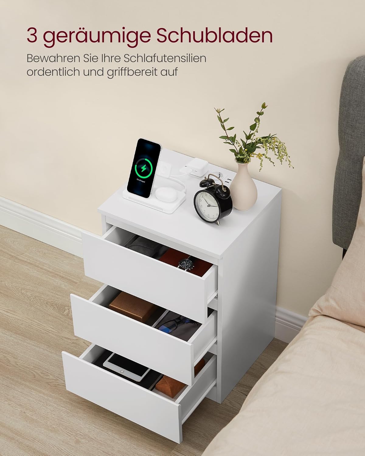VASAGLE Kailyn Kollektion - Nachttisch mit Steckdosenleiste, 2er Set, Beistelltisch, 3 Schubladen, 2 AC-Steckdosen, 2 USB-A-Anschlüsse, modern, wolkenweiß LET831W14 — Ansicht 5