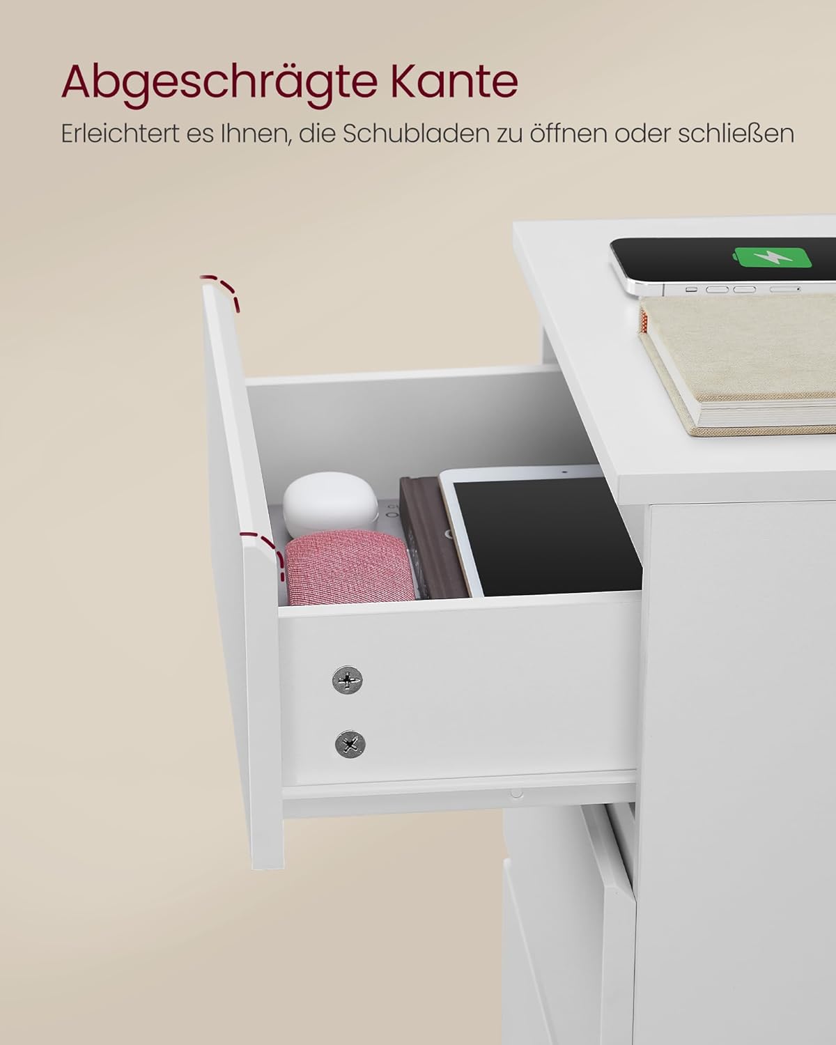 VASAGLE Kailyn Kollektion - Nachttisch mit Steckdosenleiste, 2er Set, Beistelltisch, 3 Schubladen, 2 AC-Steckdosen, 2 USB-A-Anschlüsse, modern, wolkenweiß LET831W14 — Ansicht 6