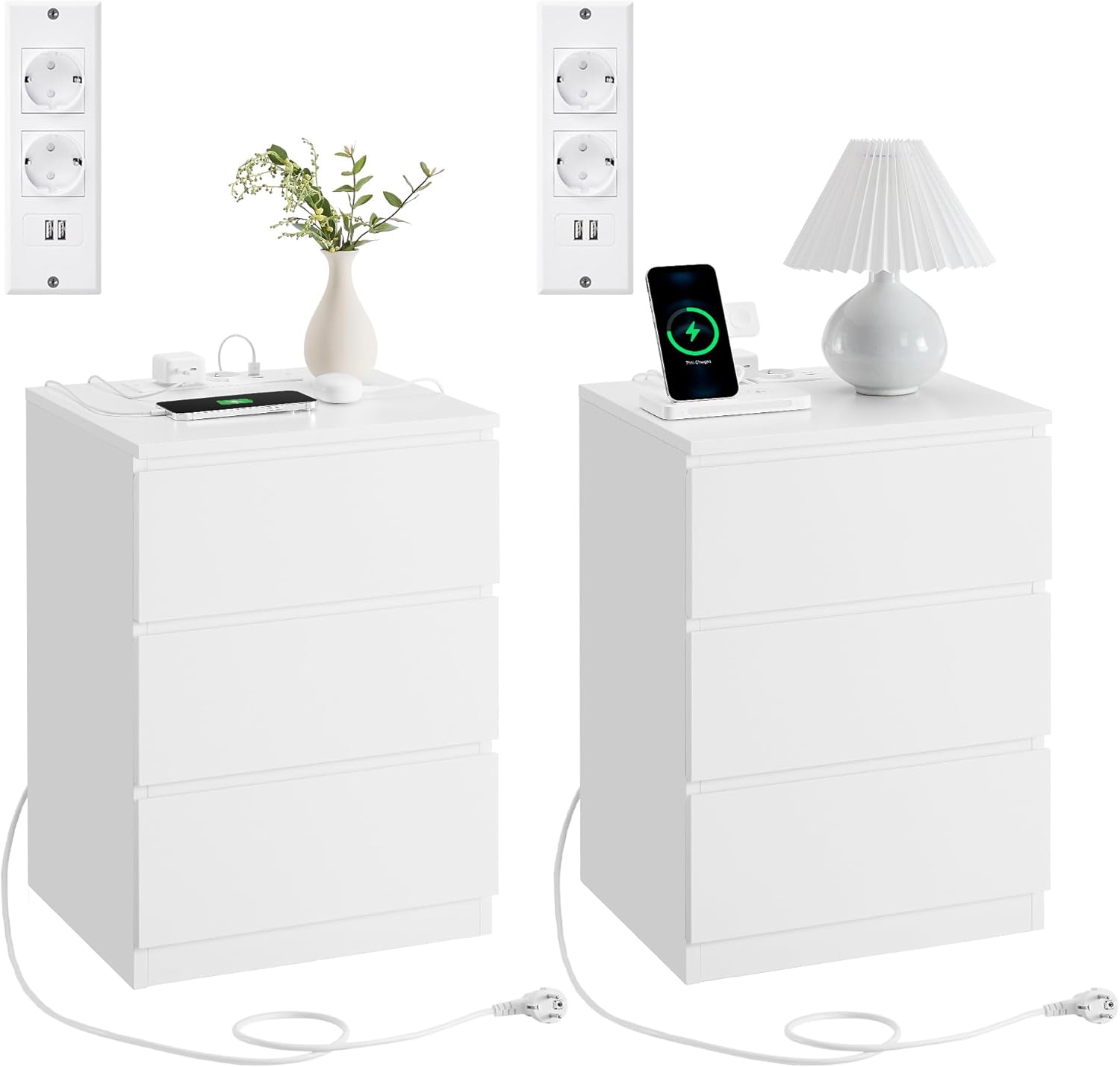 VASAGLE Kailyn Kollektion - Nachttisch mit Steckdosenleiste, 2er Set, Beistelltisch, 3 Schubladen, 2 AC-Steckdosen, 2 USB-A-Anschlüsse, modern, wolkenweiß LET831W14