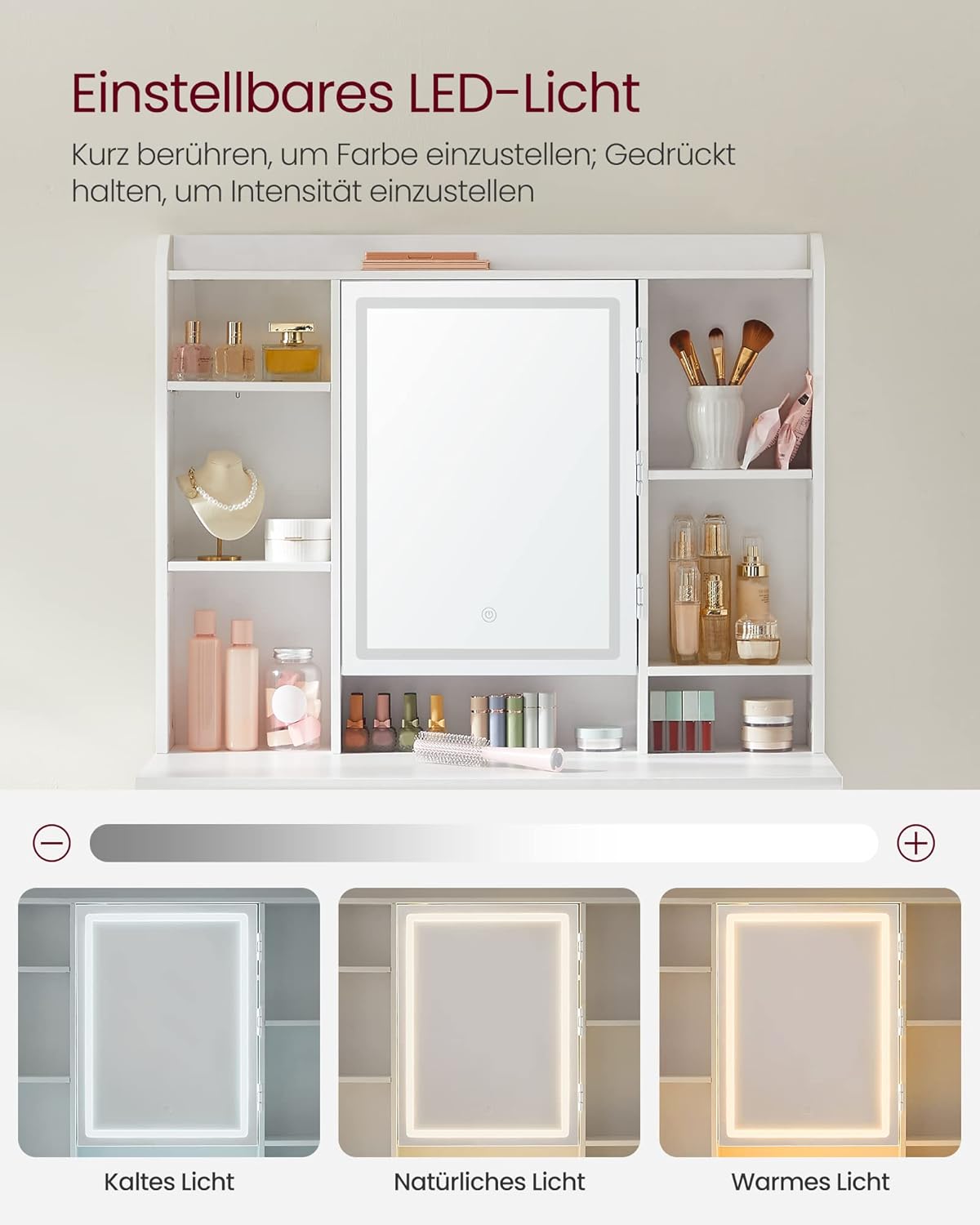 VASAGLE Kailyn Kollektion - Schminktisch mit LED-Beleuchtung, 3 Farben mit Einstellbarer Helligkeit, Frisiertisch mit Spiegel, mit verstellbaren Ablagen, 2 Schubladen, weiß RDT123T14 — Ansicht 5
