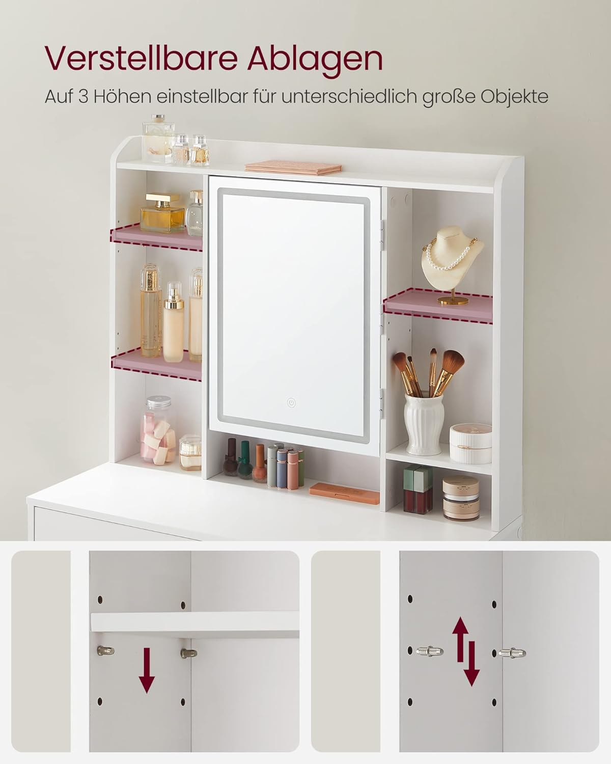 VASAGLE Kailyn Kollektion - Schminktisch mit LED-Beleuchtung, 3 Farben mit Einstellbarer Helligkeit, Frisiertisch mit Spiegel, mit verstellbaren Ablagen, 2 Schubladen, weiß RDT123T14 — Ansicht 6