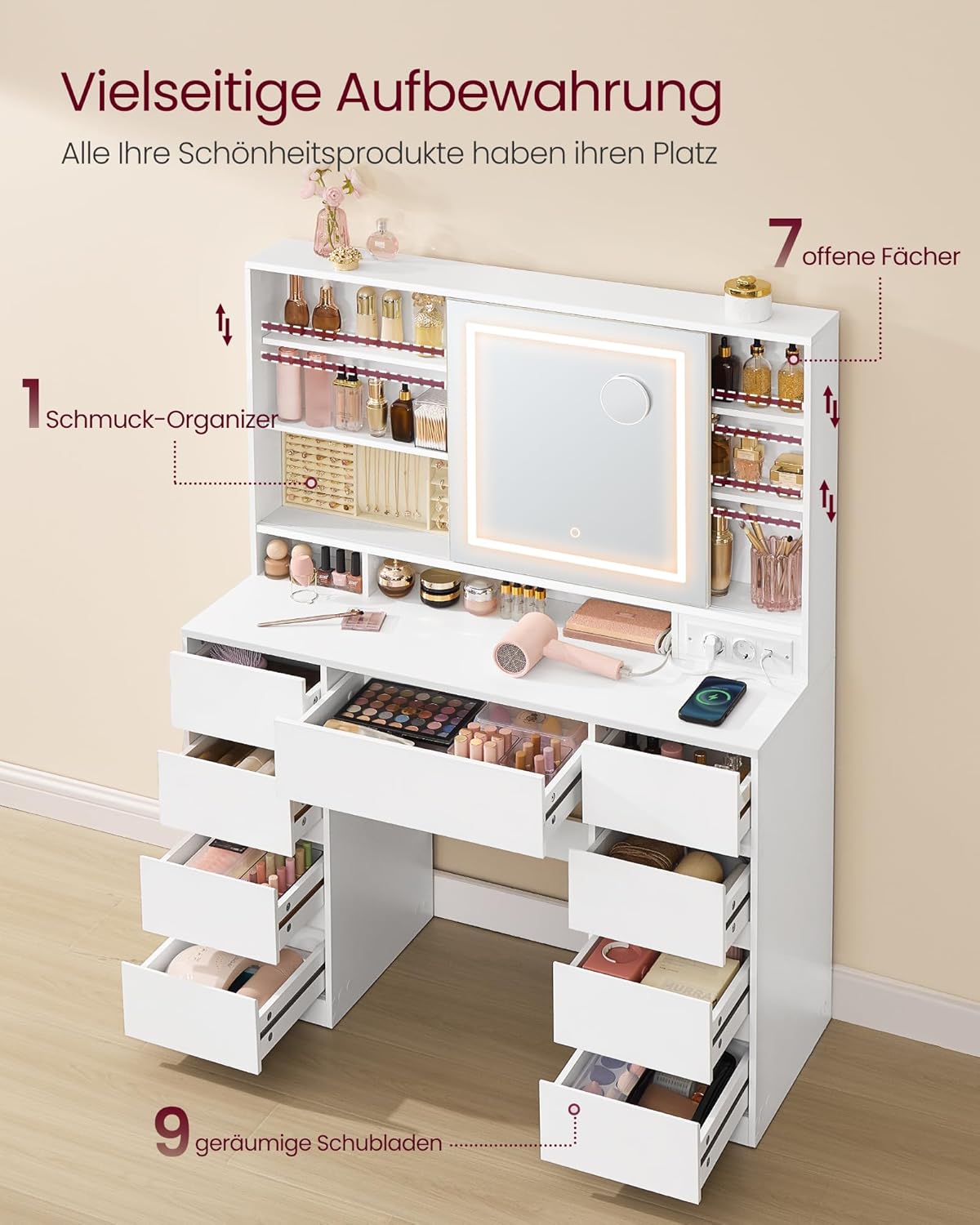 VASAGLE Kailyn Kollektion - Schminktisch mit Spiegel und LED-Leuchten, Steckdosenleiste, 9 Schubladen, 10x Vergrößerungsspiegel, 3 Lichtfarben, werkzeuglose Gleitschienen, wolkenweiß RDT137W01 — Ansicht 3