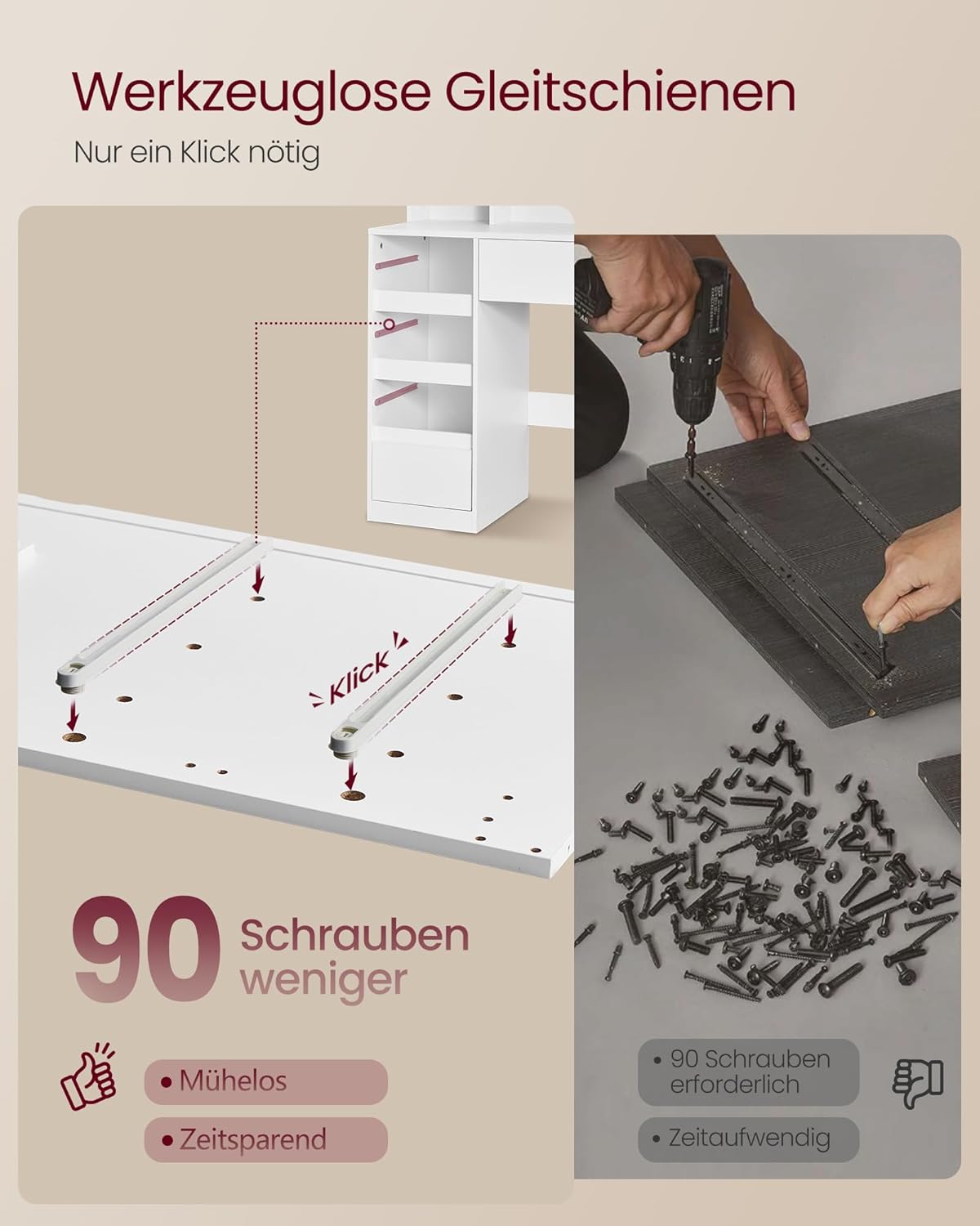 VASAGLE Kailyn Kollektion - Schminktisch mit Spiegel und LED-Leuchten, Steckdosenleiste, 9 Schubladen, 10x Vergrößerungsspiegel, 3 Lichtfarben, werkzeuglose Gleitschienen, wolkenweiß RDT137W01 — Ansicht 4