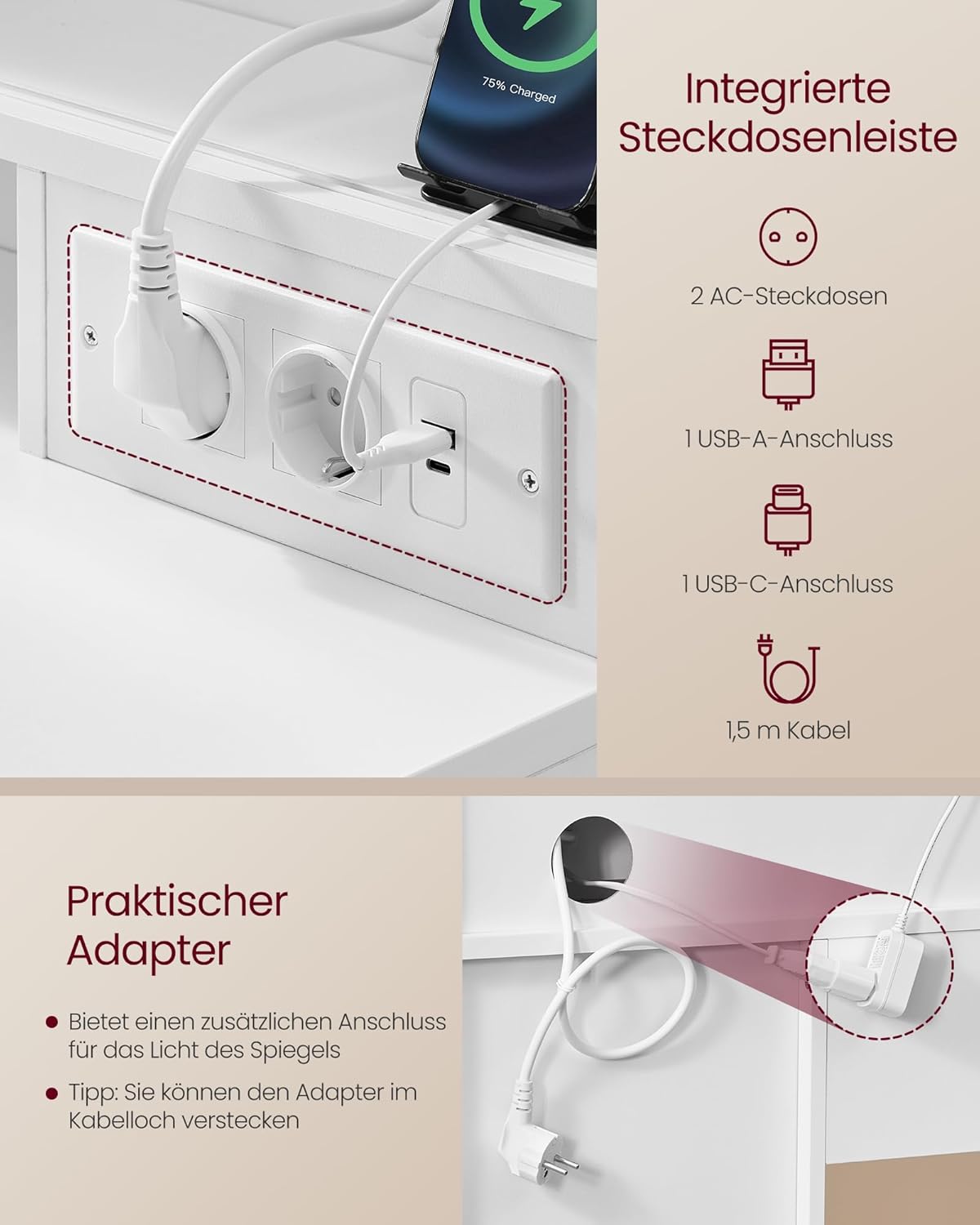 VASAGLE Kailyn Kollektion - Schminktisch mit Spiegel und LED-Leuchten, Steckdosenleiste, 9 Schubladen, 10x Vergrößerungsspiegel, 3 Lichtfarben, werkzeuglose Gleitschienen, wolkenweiß RDT137W01 — Ansicht 5