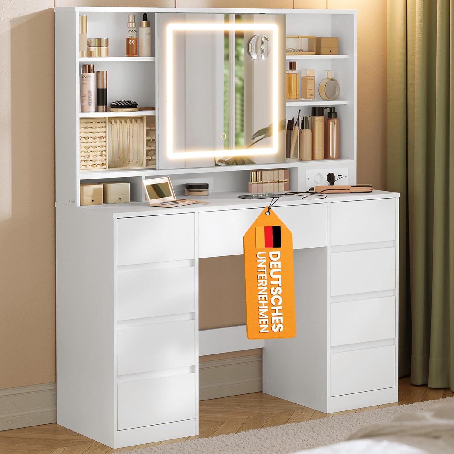 VASAGLE Kailyn Kollektion - Schminktisch mit Spiegel und LED-Leuchten, Steckdosenleiste, 9 Schubladen, 10x Vergrößerungsspiegel, 3 Lichtfarben, werkzeuglose Gleitschienen, wolkenweiß RDT137W01