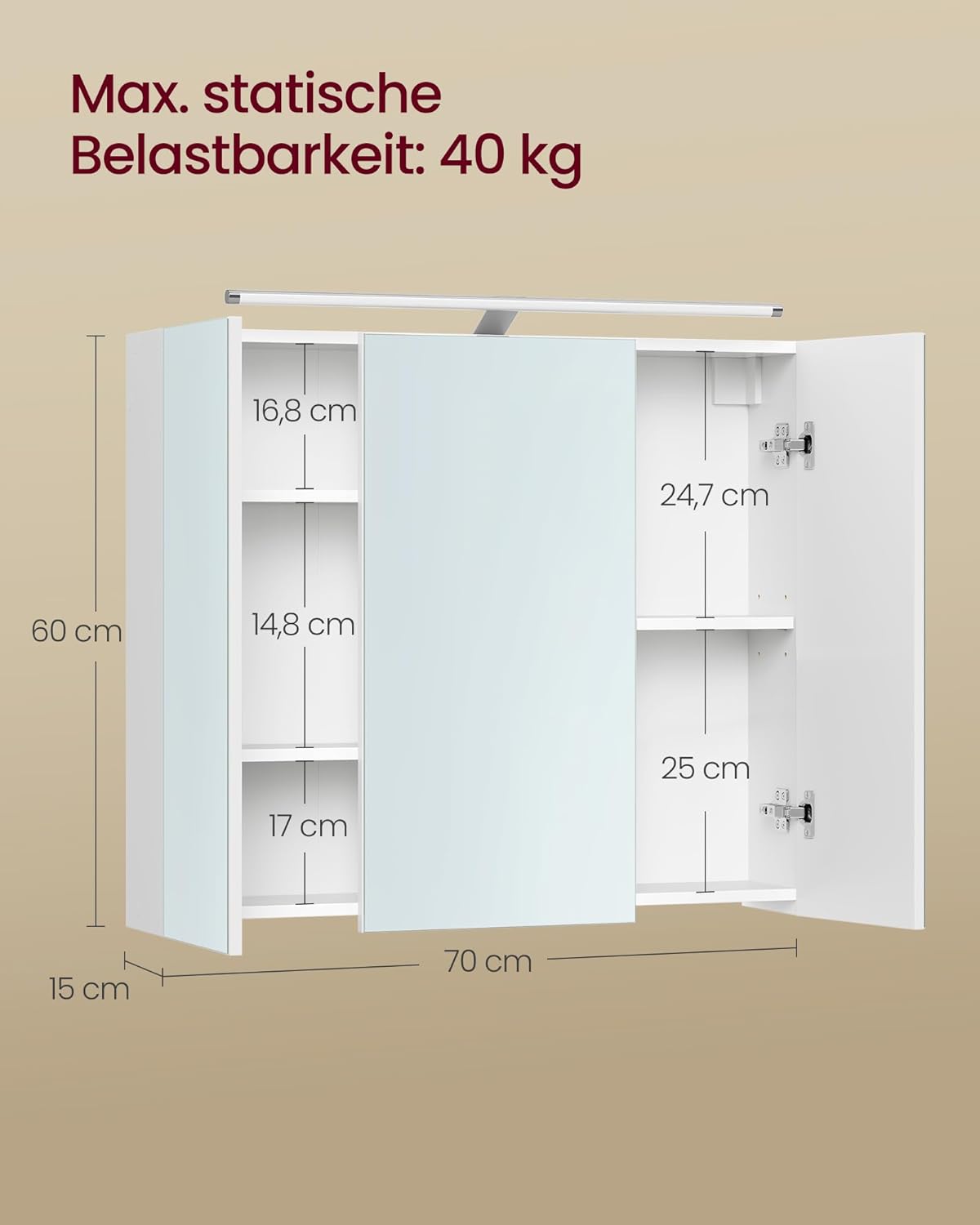 VASAGLE Kailyn Kollektion - Spiegelschrank Bad mit Beleuchtung, Badezimmerschrank mit 3 Türen, Wandschrank mit verstellbaren Ablagen, moderner Stil, 15 x 70 x 60 cm, wolkenweiß BBK139WB01 — Ansicht 3