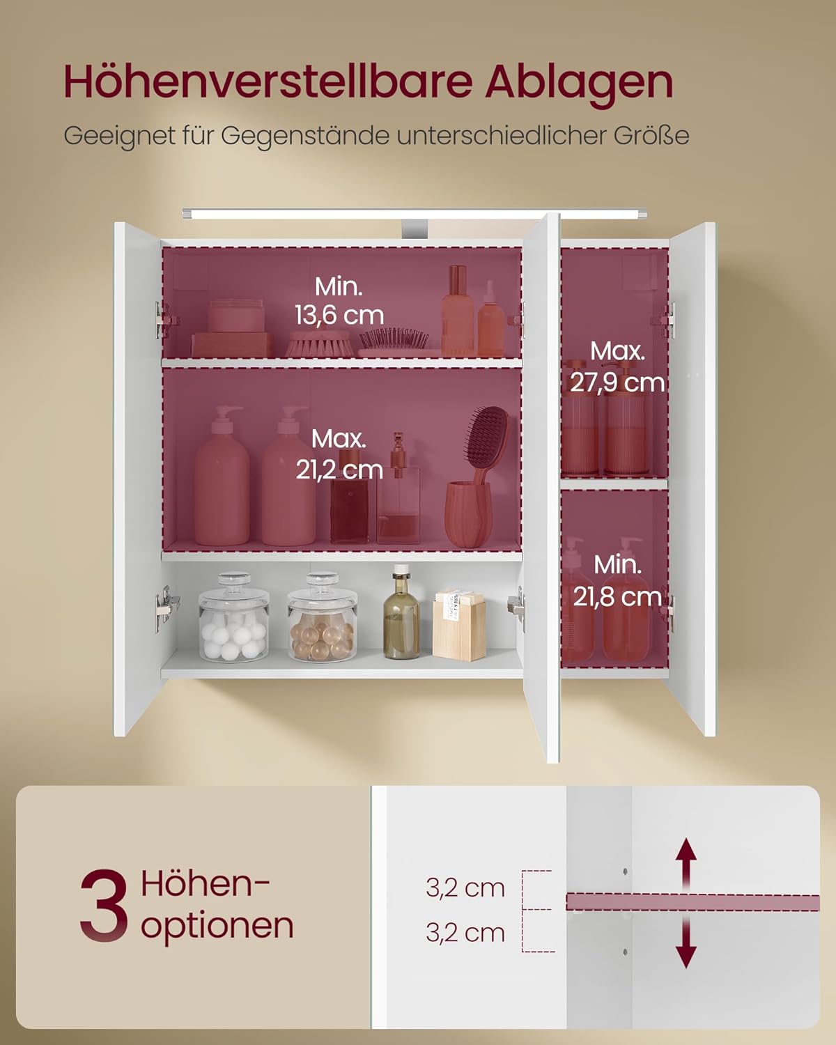 VASAGLE Kailyn Kollektion - Spiegelschrank Bad mit Beleuchtung, Badezimmerschrank mit 3 Türen, Wandschrank mit verstellbaren Ablagen, moderner Stil, 15 x 70 x 60 cm, wolkenweiß BBK139WB01 — Ansicht 4