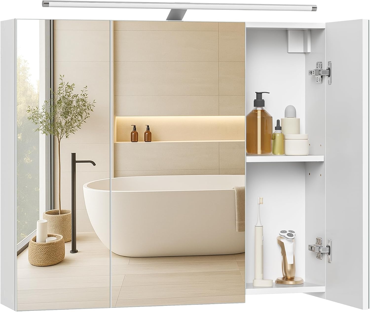 VASAGLE Kailyn Kollektion - Spiegelschrank Bad mit Beleuchtung, Badezimmerschrank mit 3 Türen, Wandschrank mit verstellbaren Ablagen, moderner Stil, 15 x 70 x 60 cm, wolkenweiß BBK139WB01