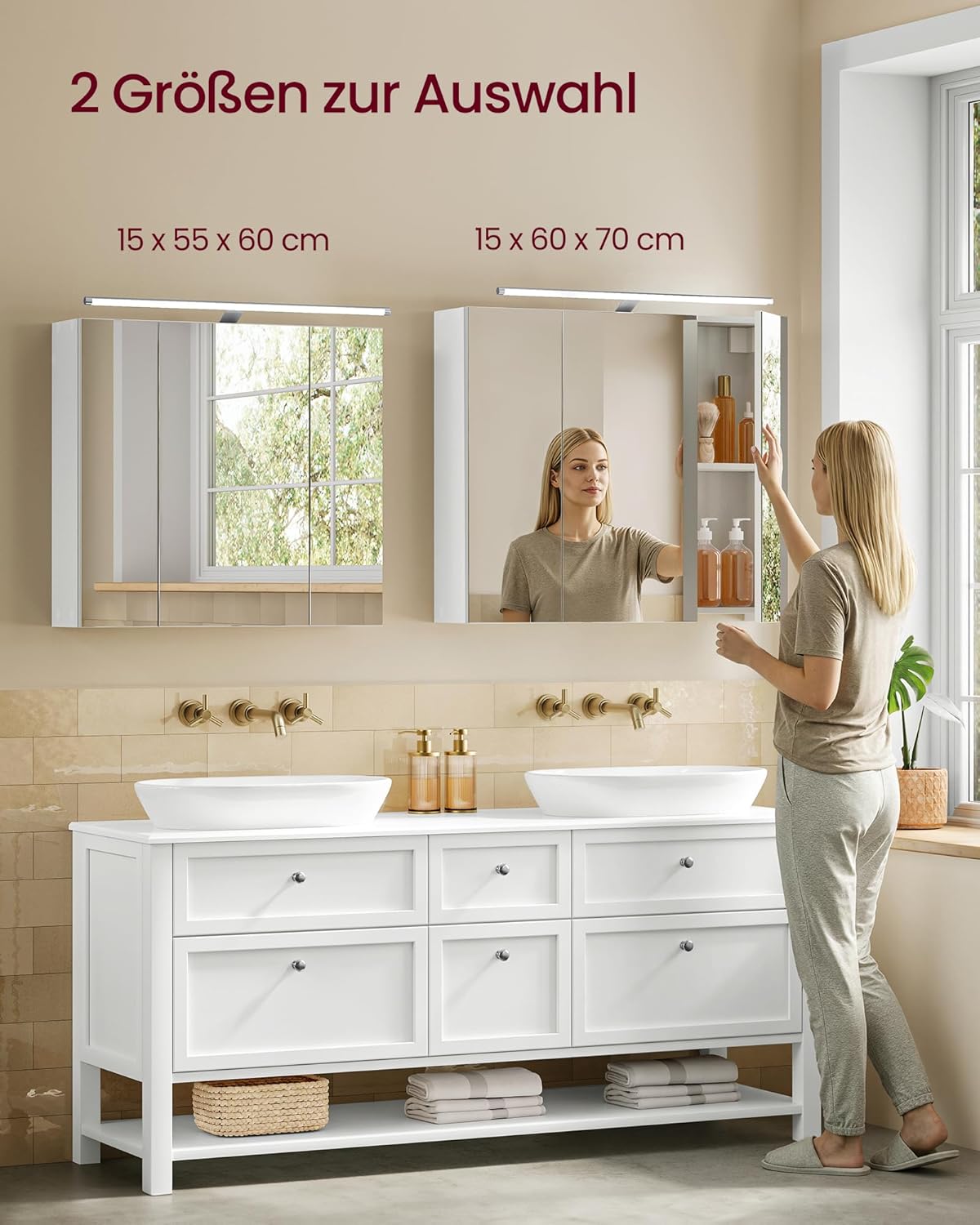 VASAGLE Kailyn Kollektion - Spiegelschrank Bad mit Beleuchtung, Badezimmerschrank mit 3 Türen, Wandschrank mit verstellbaren Ablagen, moderner Stil, 15 x 70 x 60 cm, wolkenweiß BBK139WB01 — Ansicht 6
