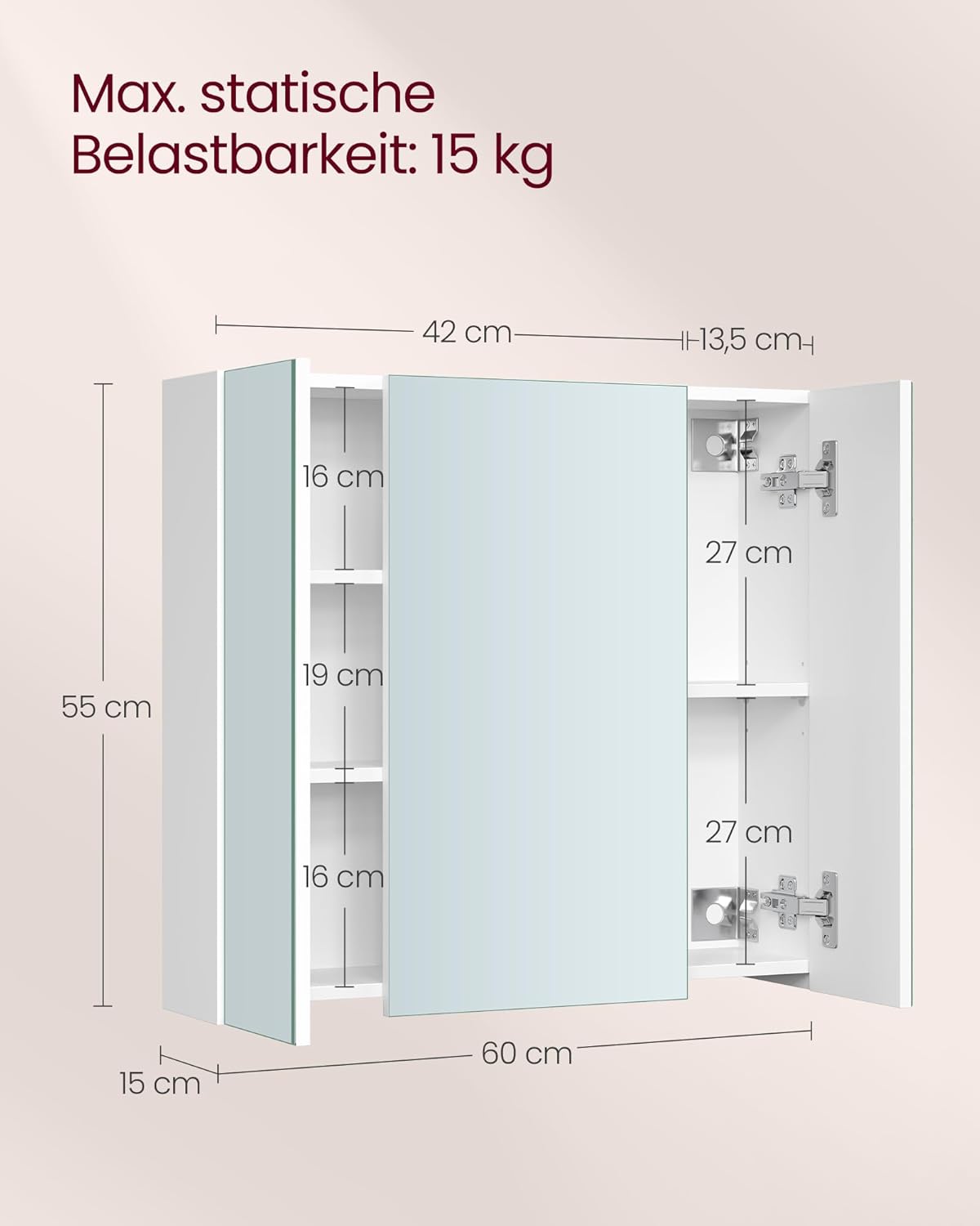 VASAGLE Kailyn Kollektion - Spiegelschrank, Badezimmerschrank, Aufbewahrungsschrank mit 3 Türen, fürs Badezimmer, 15 x 60 x 55 cm, mit verstellbaren Regalebenen, modern, weiß BBK22WT — Ansicht 3