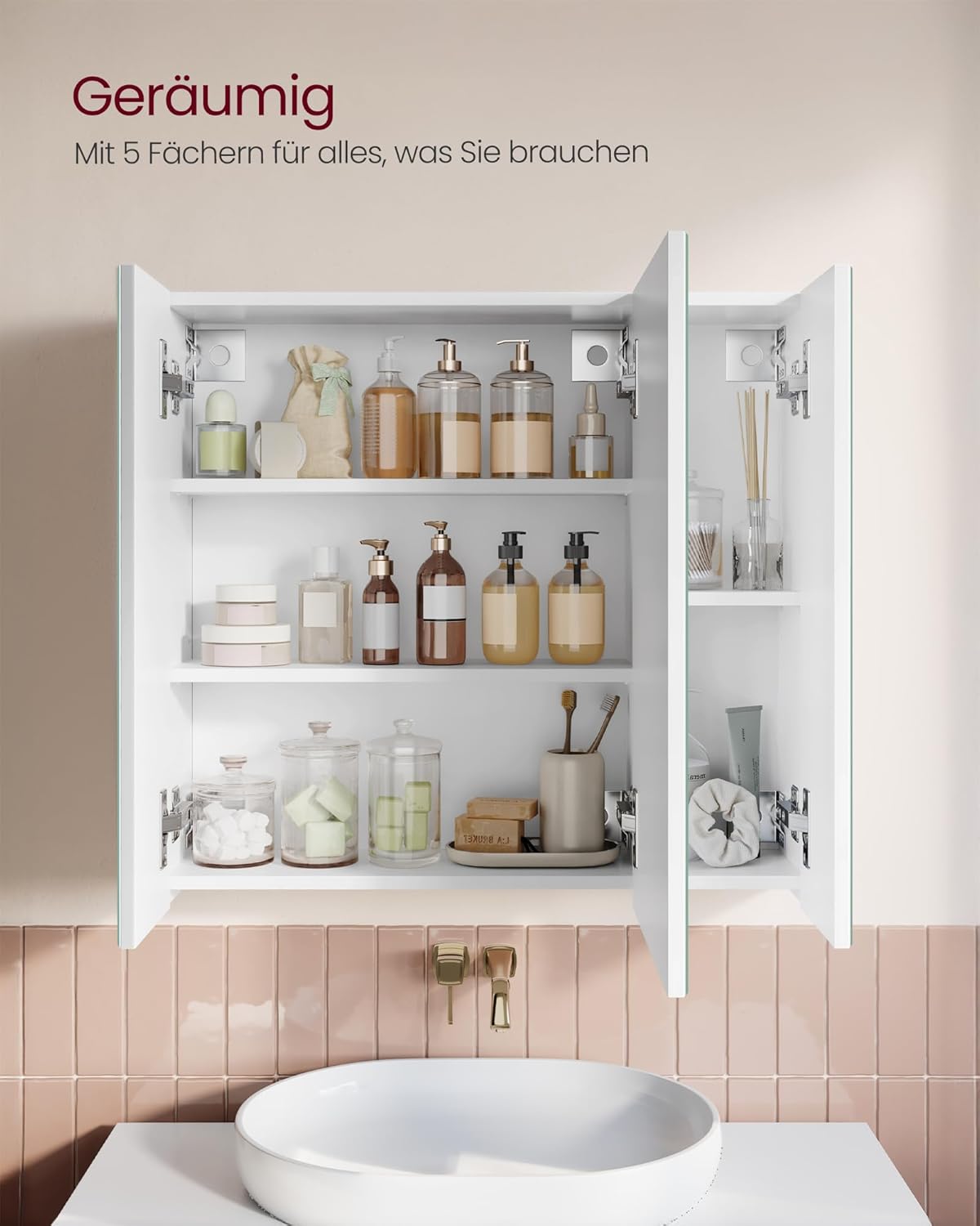 VASAGLE Kailyn Kollektion - Spiegelschrank, Badezimmerschrank, Aufbewahrungsschrank mit 3 Türen, fürs Badezimmer, 15 x 60 x 55 cm, mit verstellbaren Regalebenen, modern, weiß BBK22WT — Ansicht 4