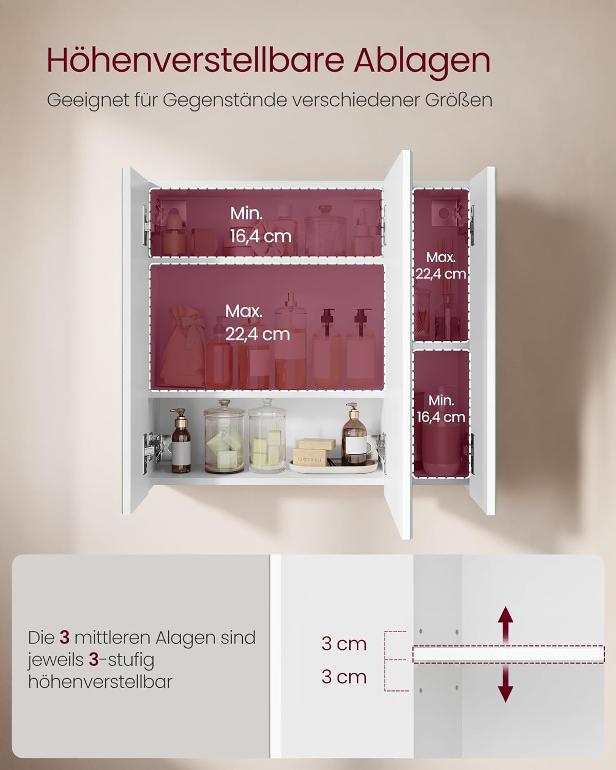VASAGLE Kailyn Kollektion - Spiegelschrank, Badezimmerschrank, Aufbewahrungsschrank mit 3 Türen, fürs Badezimmer, 15 x 60 x 55 cm, mit verstellbaren Regalebenen, modern, weiß BBK22WT — Ansicht 5