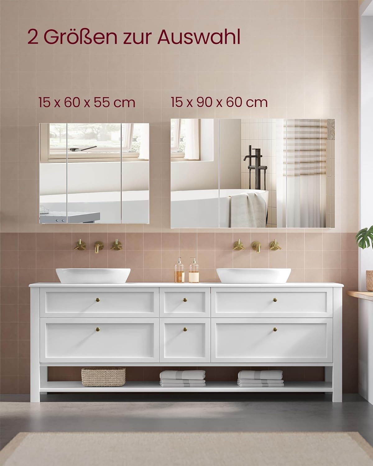 VASAGLE Kailyn Kollektion - Spiegelschrank, Badezimmerschrank, Aufbewahrungsschrank mit 3 Türen, fürs Badezimmer, 15 x 60 x 55 cm, mit verstellbaren Regalebenen, modern, weiß BBK22WT — Ansicht 6