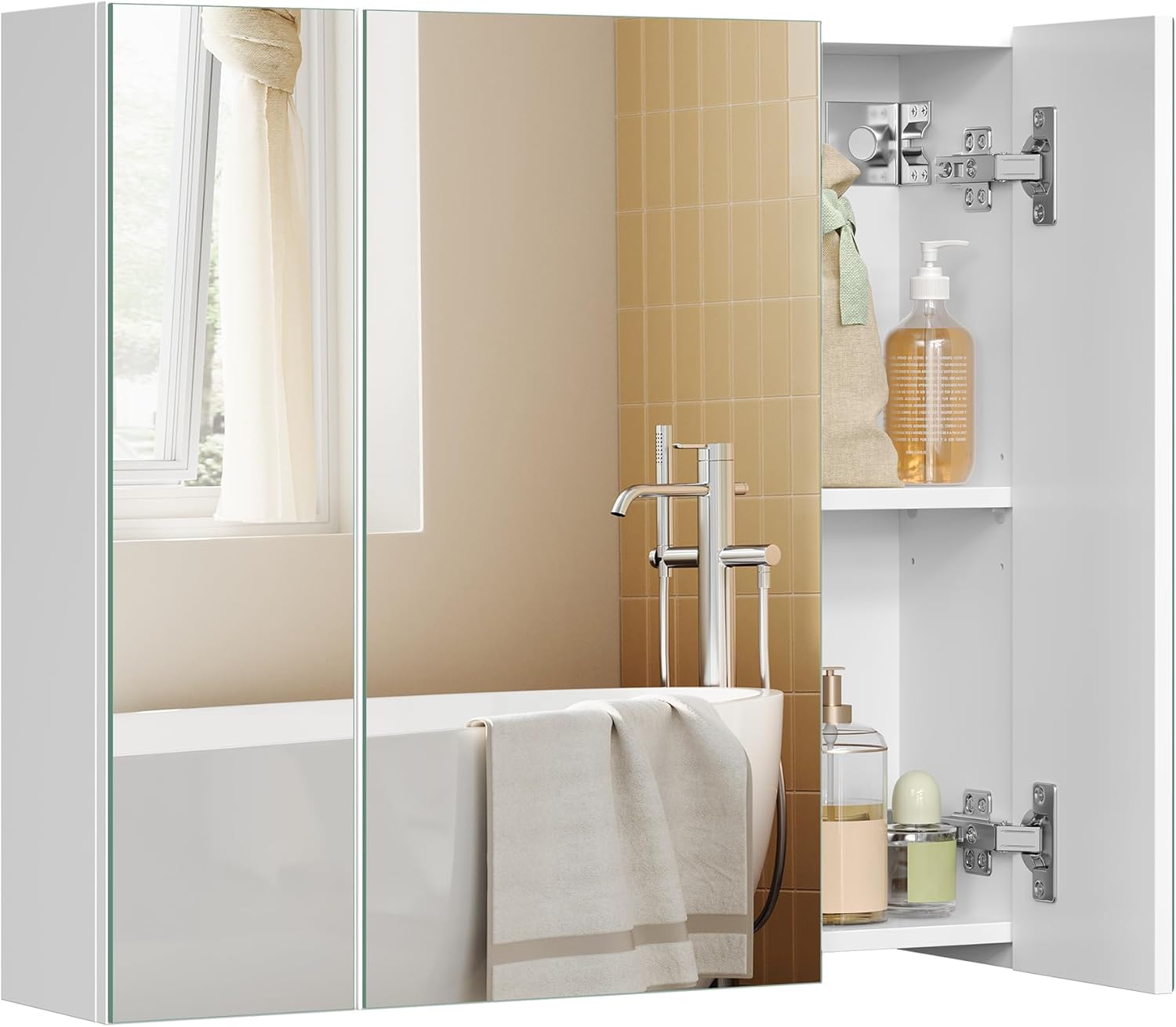 VASAGLE Kailyn Kollektion - Spiegelschrank, Badezimmerschrank, Aufbewahrungsschrank mit 3 Türen, fürs Badezimmer, 15 x 60 x 55 cm, mit verstellbaren Regalebenen, modern, weiß BBK22WT
