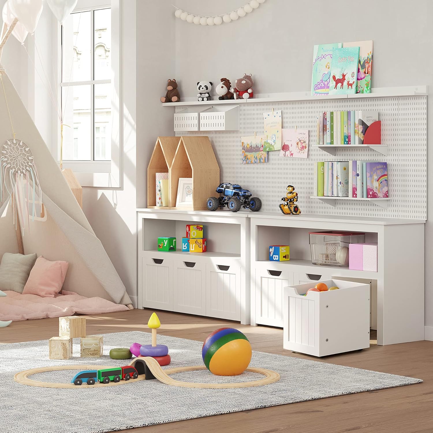 VASAGLE Kinderregal, Spielzeugaufbewahrung für Kinder, Aufbewahrungsschrank, Spielzeugschrank, Aufbewahrungsbox mit Rollen, Spielzeugregal, für Kinderzimmer, 102 x 30 x 60 cm, weiß LHS380W01 — Ansicht 2