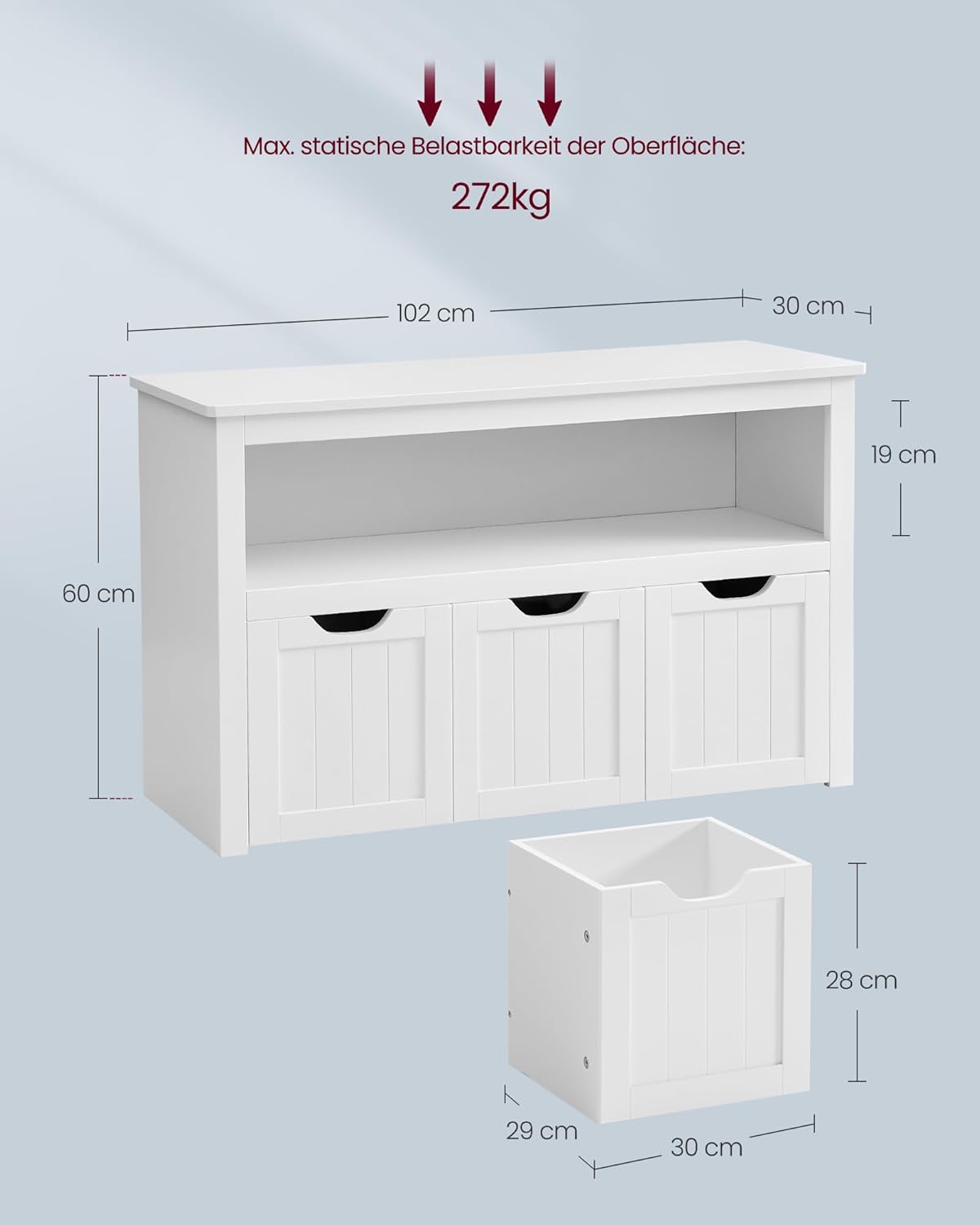 VASAGLE Kinderregal, Spielzeugaufbewahrung für Kinder, Aufbewahrungsschrank, Spielzeugschrank, Aufbewahrungsbox mit Rollen, Spielzeugregal, für Kinderzimmer, 102 x 30 x 60 cm, weiß LHS380W01 — Ansicht 3