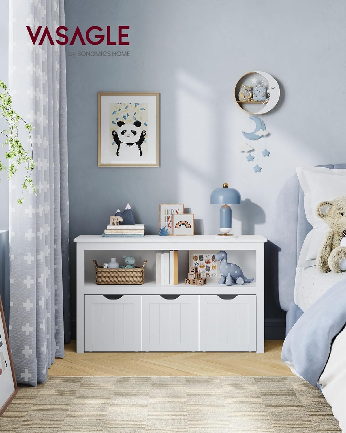VASAGLE Kinderregal, Spielzeugaufbewahrung für Kinder, Aufbewahrungsschrank, Spielzeugschrank, Aufbewahrungsbox mit Rollen, Spielzeugregal, für Kinderzimmer, 102 x 30 x 60 cm, weiß LHS380W01 — Ansicht 4