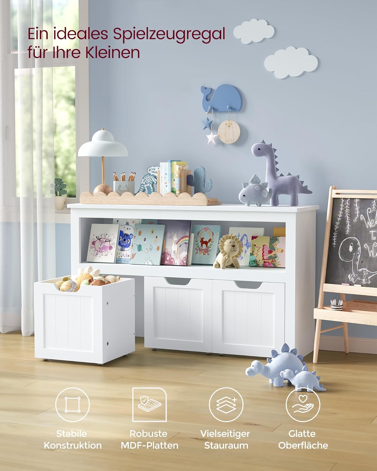 VASAGLE Kinderregal, Spielzeugaufbewahrung für Kinder, Aufbewahrungsschrank, Spielzeugschrank, Aufbewahrungsbox mit Rollen, Spielzeugregal, für Kinderzimmer, 102 x 30 x 60 cm, weiß LHS380W01 — Ansicht 5