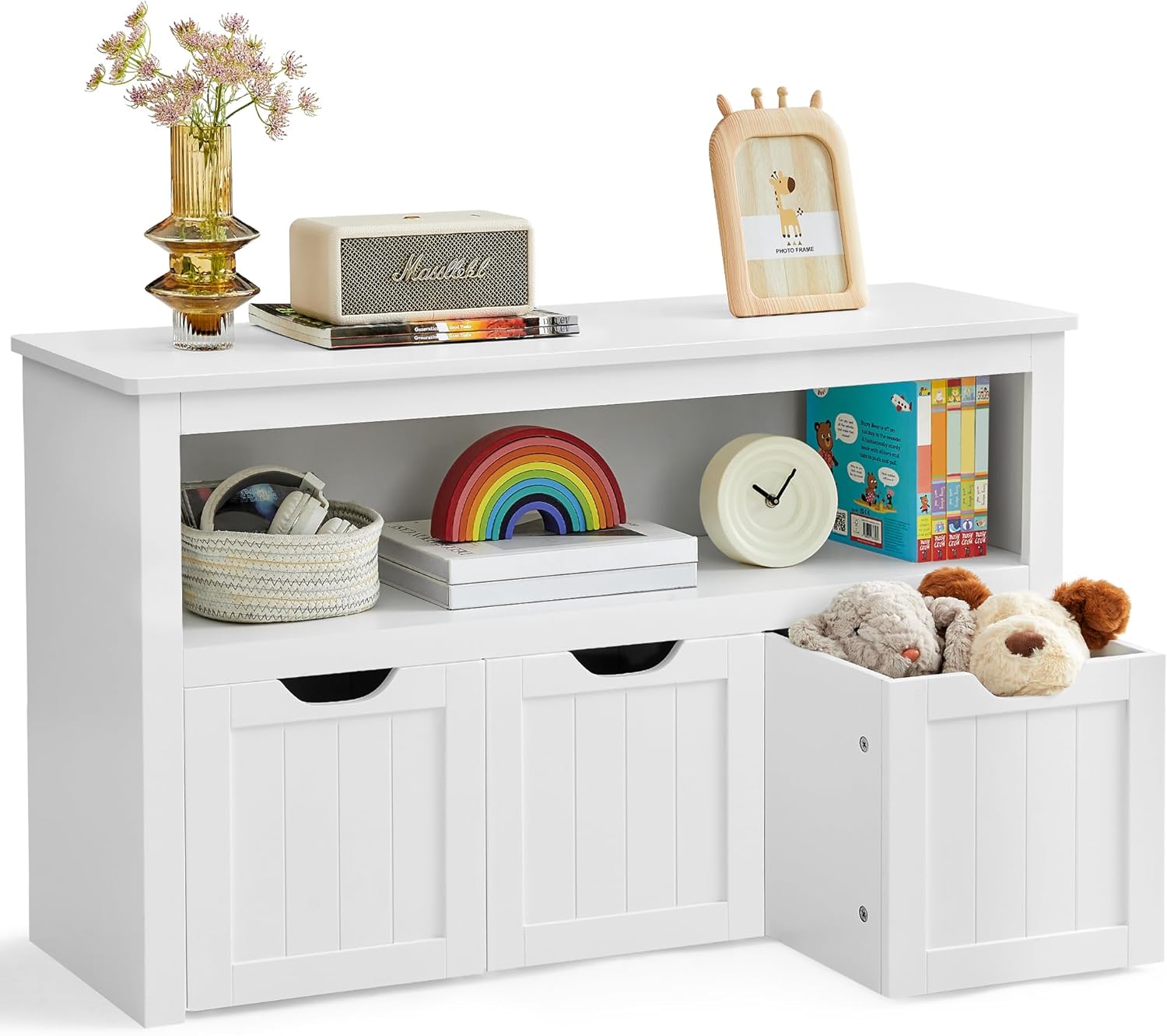 VASAGLE Kinderregal, Spielzeugaufbewahrung für Kinder, Aufbewahrungsschrank, Spielzeugschrank, Aufbewahrungsbox mit Rollen, Spielzeugregal, für Kinderzimmer, 102 x 30 x 60 cm, weiß LHS380W01