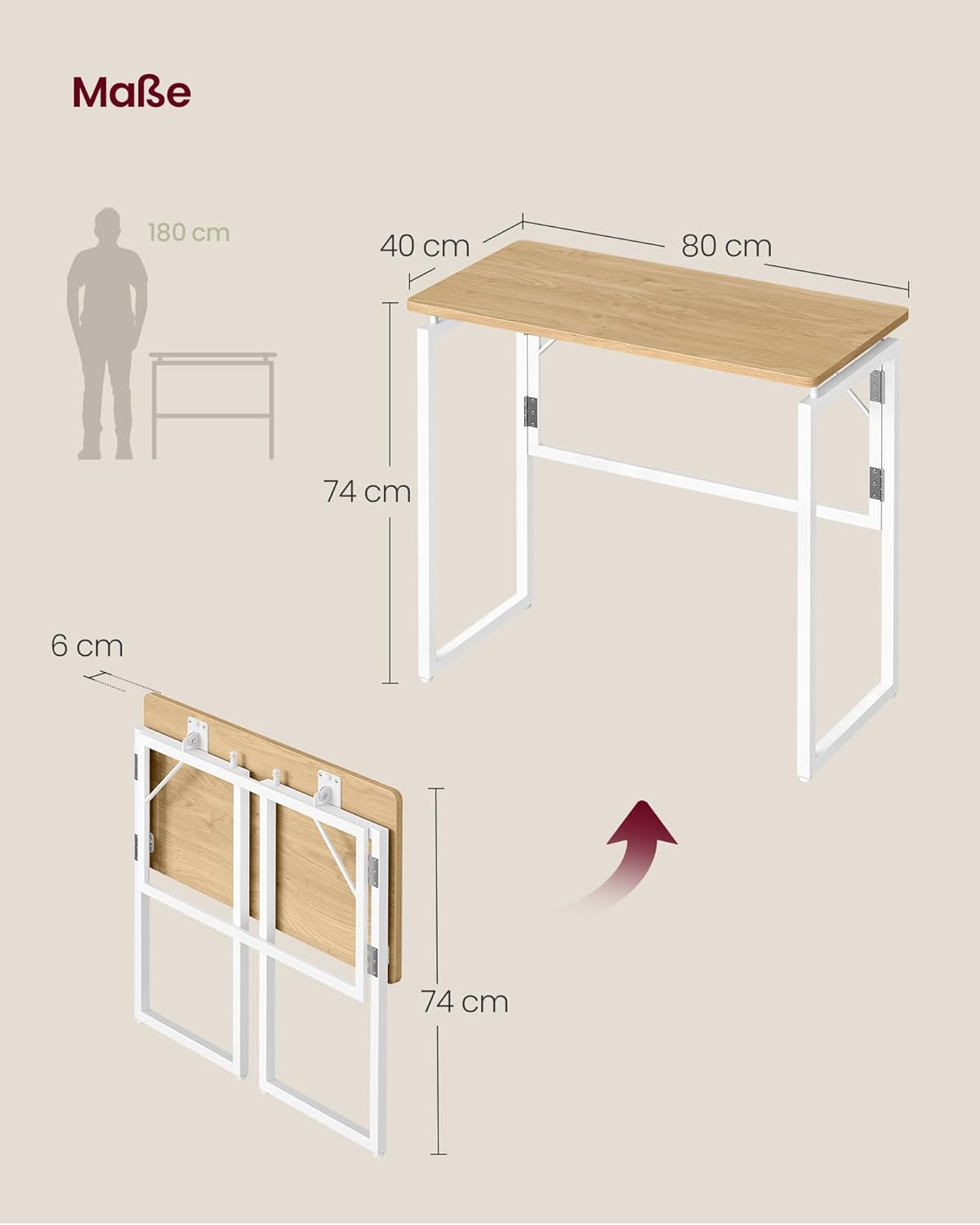 VASAGLE Klapptisch, Kleiner Schreibtisch klappbar, 80 x 40 cm | Computertisch, Tischplatte aus einem Stück, abgerundete Ecken, Tisch für Homeoffice, Schlafzimmer, LWD151YD01 — Ansicht 3